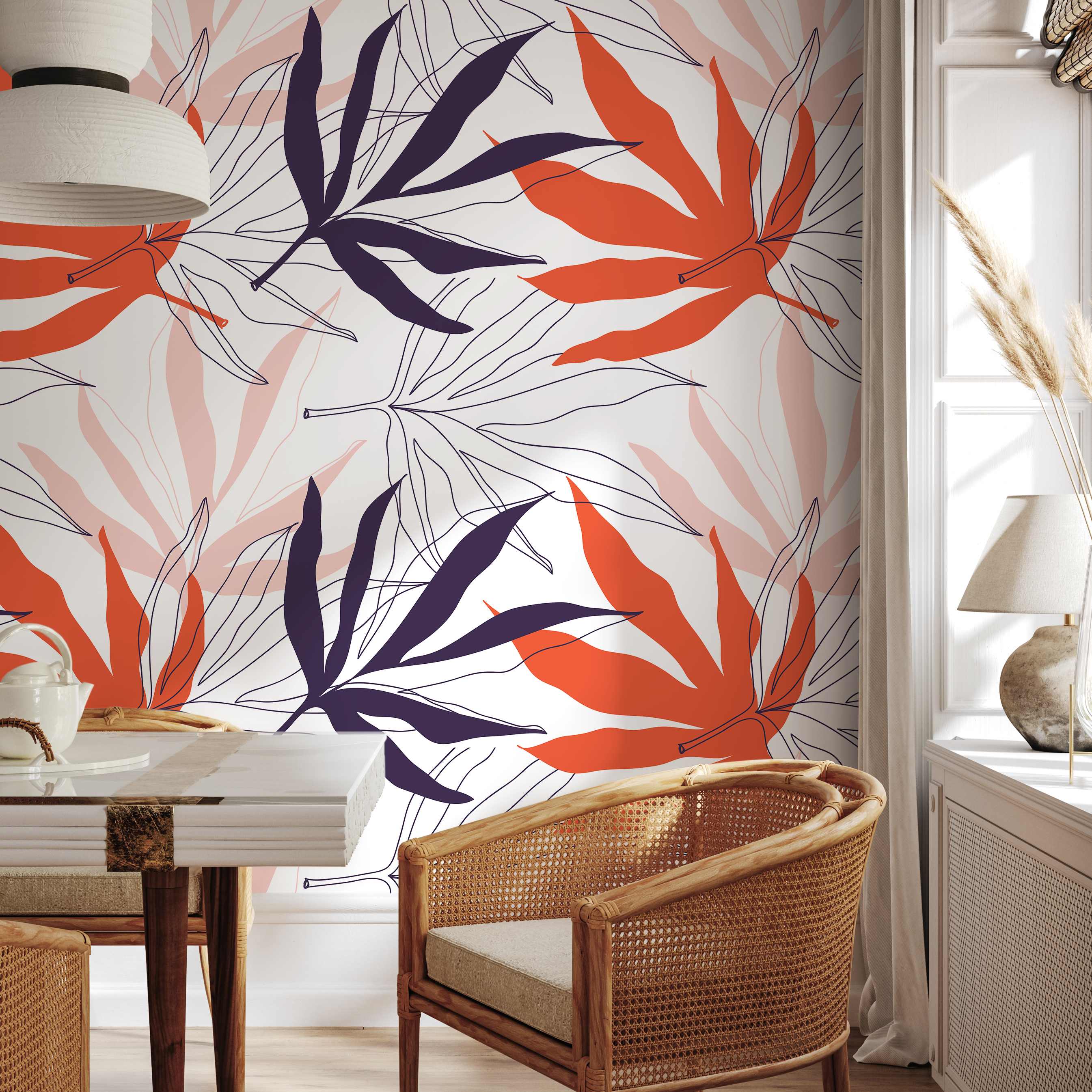Botanical Wallpaper With Abstract Tropical Leaves In Purple And Orange - B190