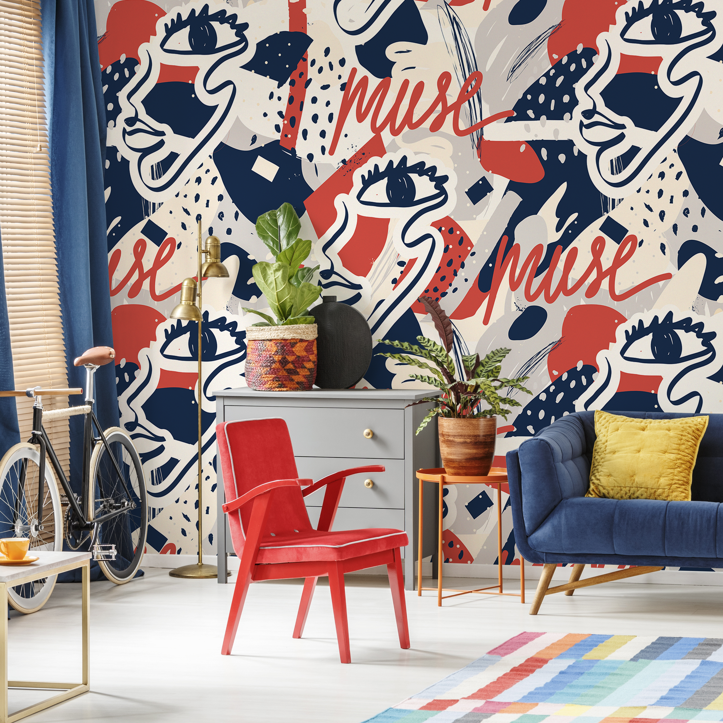 Abstract Wallpaper With Graffiti Script And Faces In Red, Blue, And Gray - B191