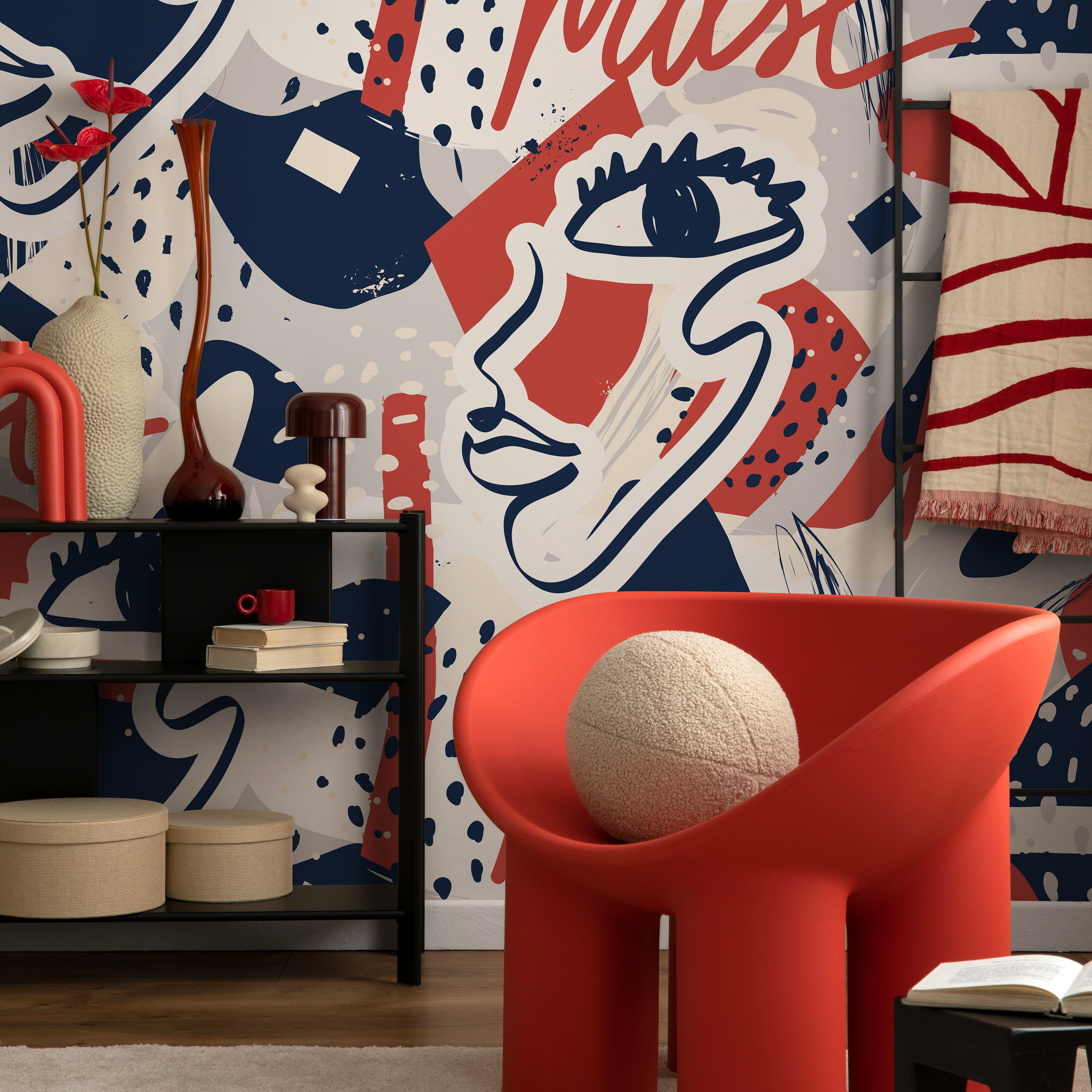 Abstract Wallpaper With Graffiti Script And Faces In Red, Blue, And Gray - B191