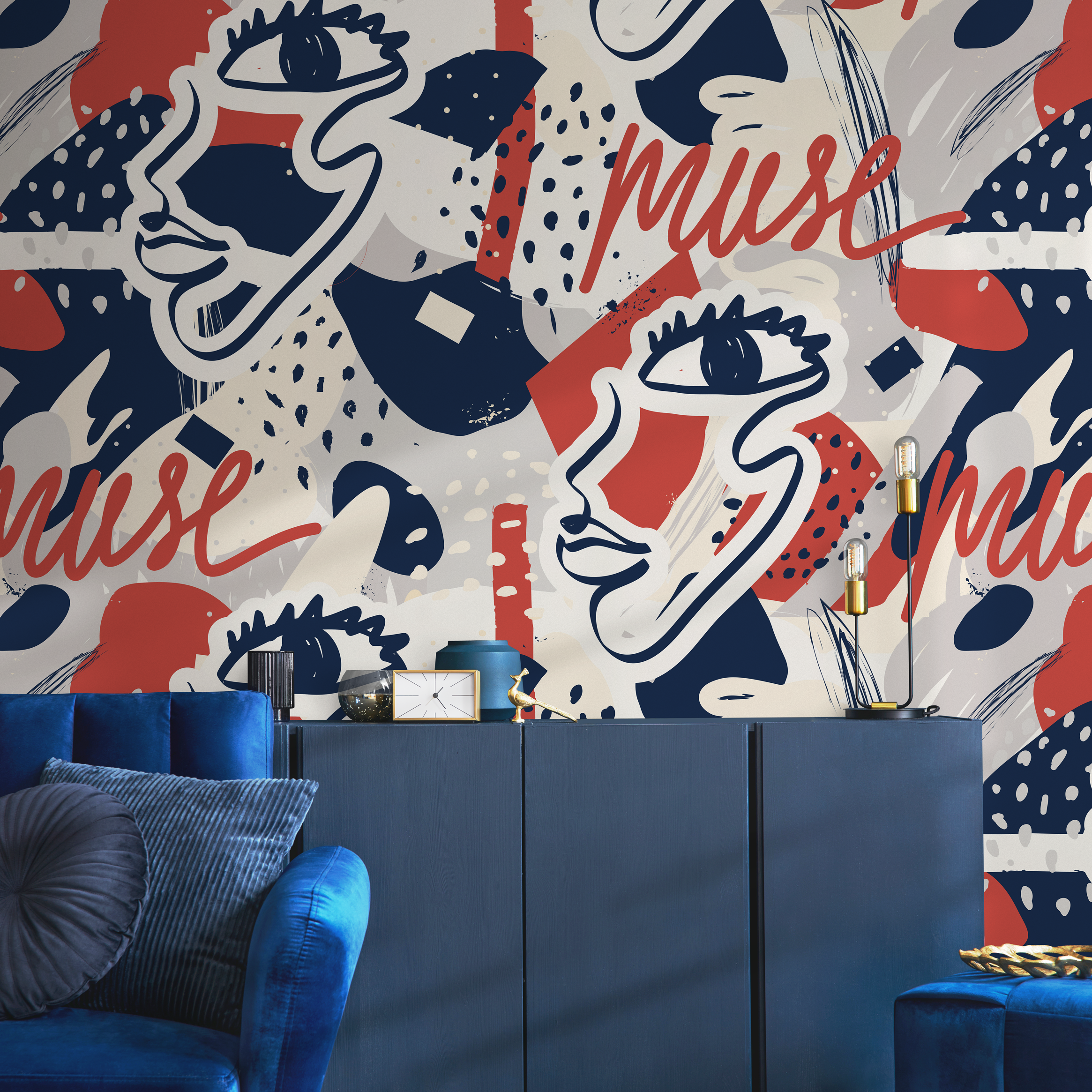 Abstract Wallpaper With Graffiti Script And Faces In Red, Blue, And Gray - B191