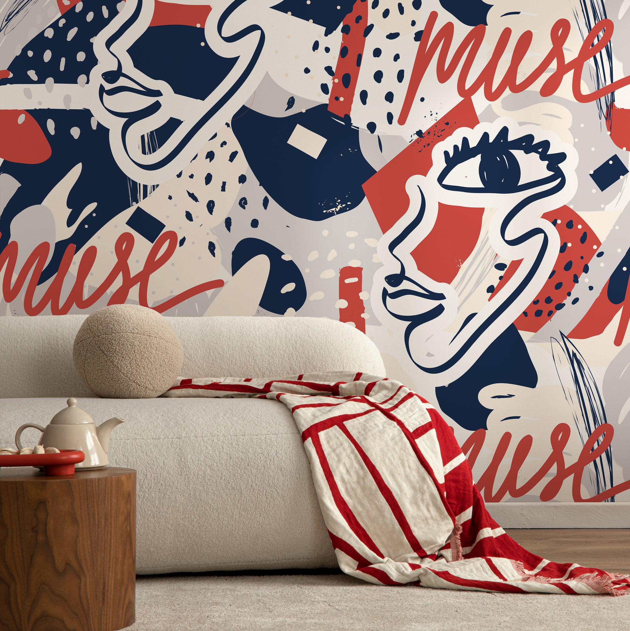 Abstract Wallpaper With Graffiti Script And Faces In Red, Blue, And Gray - B191