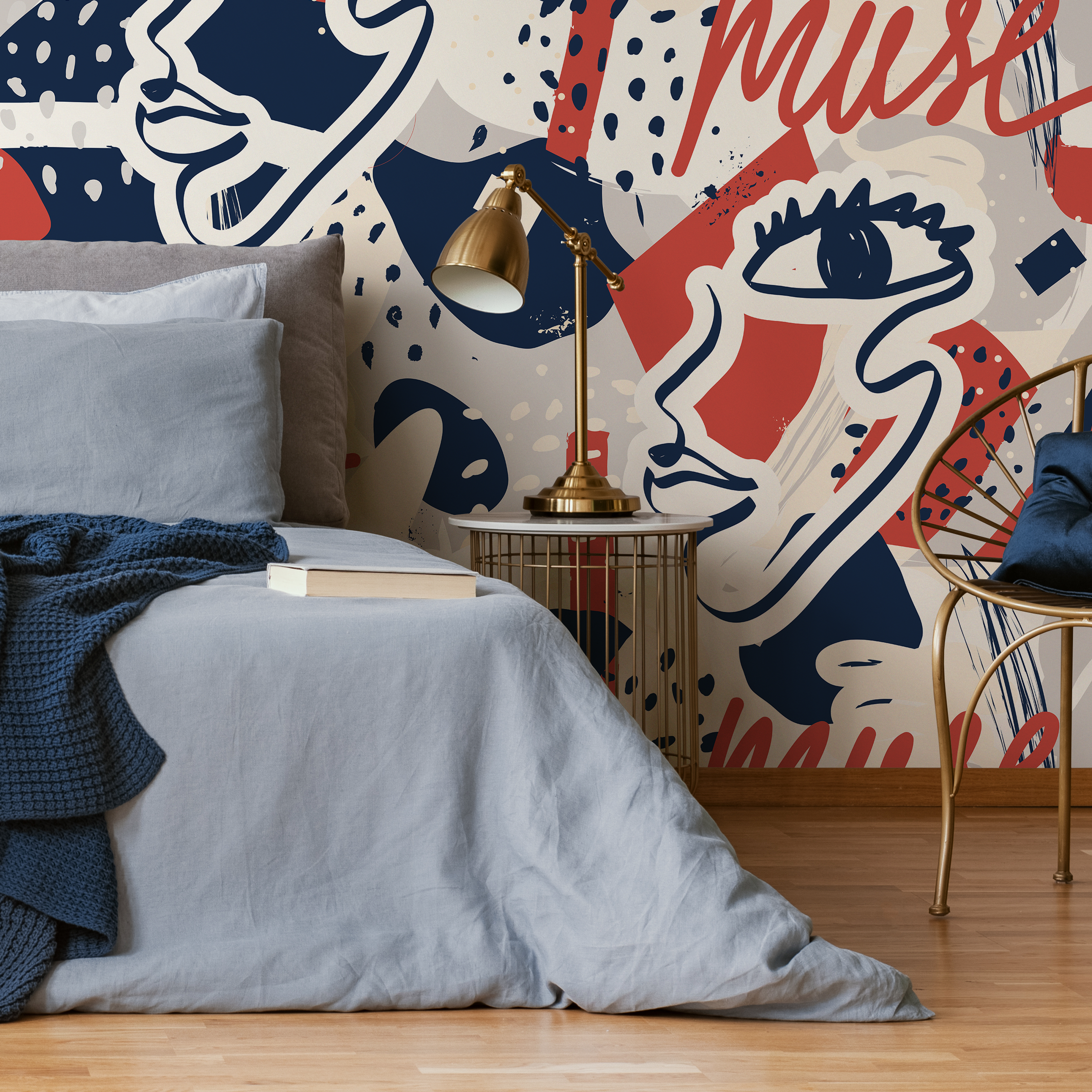 Abstract Wallpaper With Graffiti Script And Faces In Red, Blue, And Gray - B191