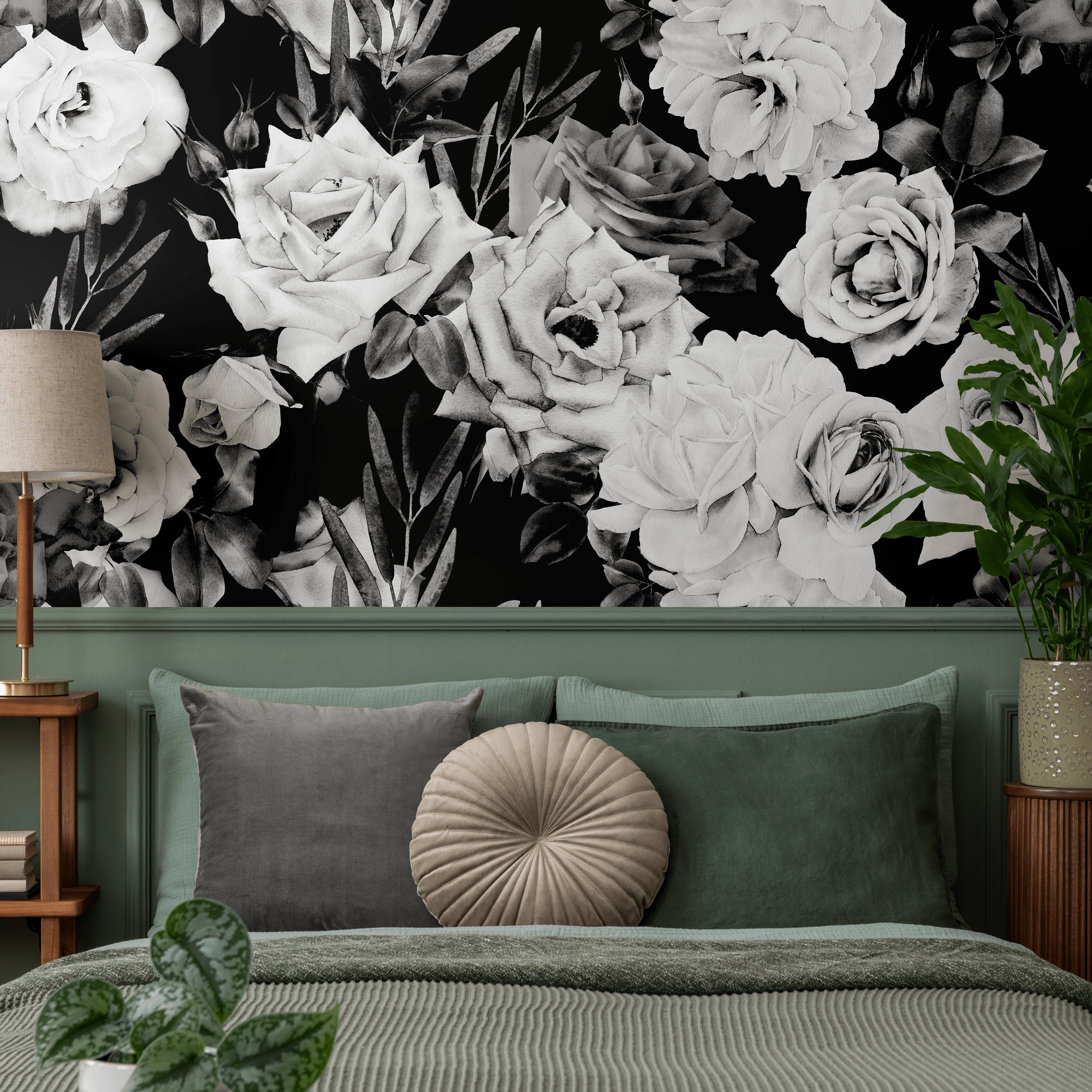Floral Wallpaper With A Dramatic Rose Motif In Black And White - B192