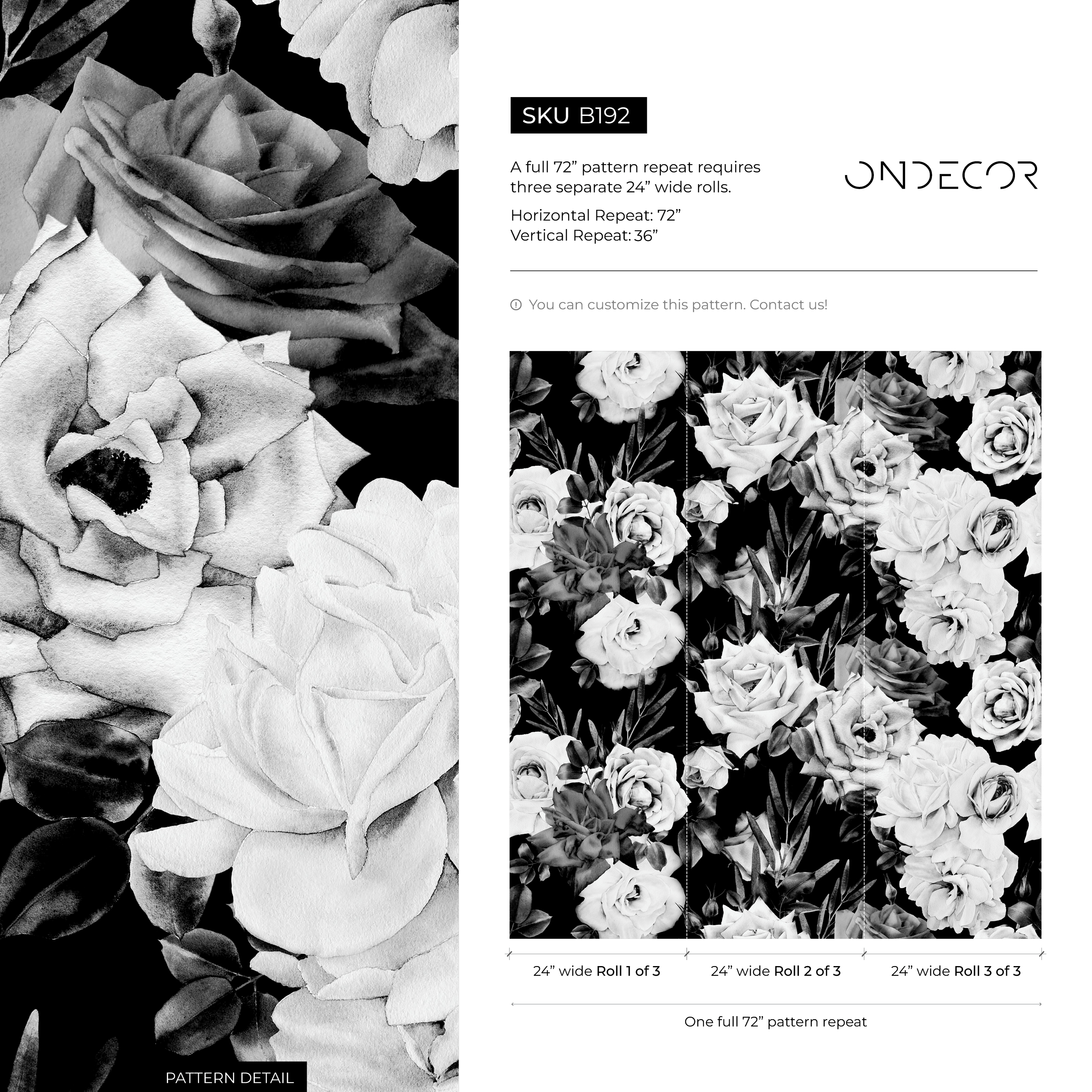 Floral Wallpaper With A Dramatic Rose Motif In Black And White - B192