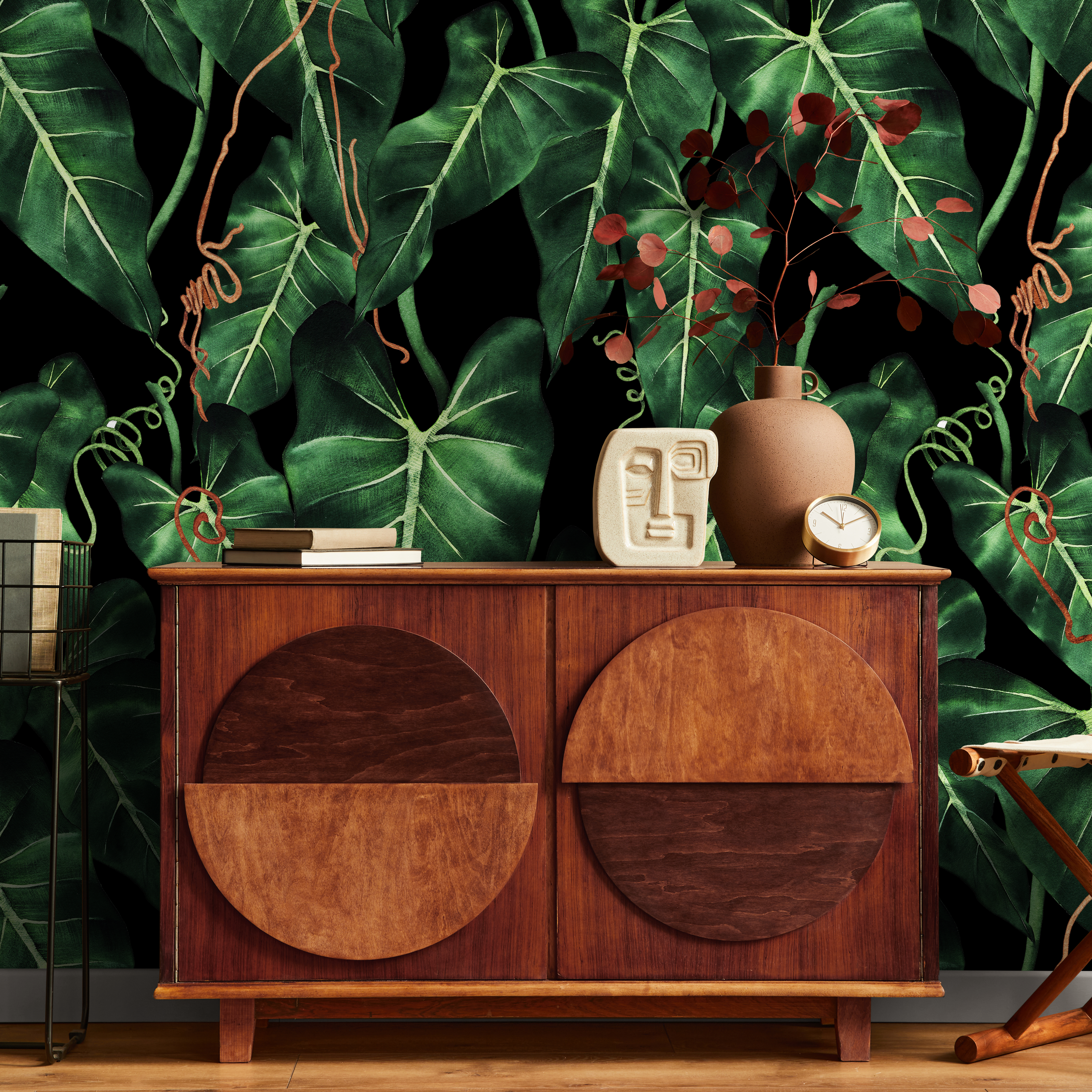 Tropical Wallpaper With Philodendron Leaves In Green, Black, And Orange - B193