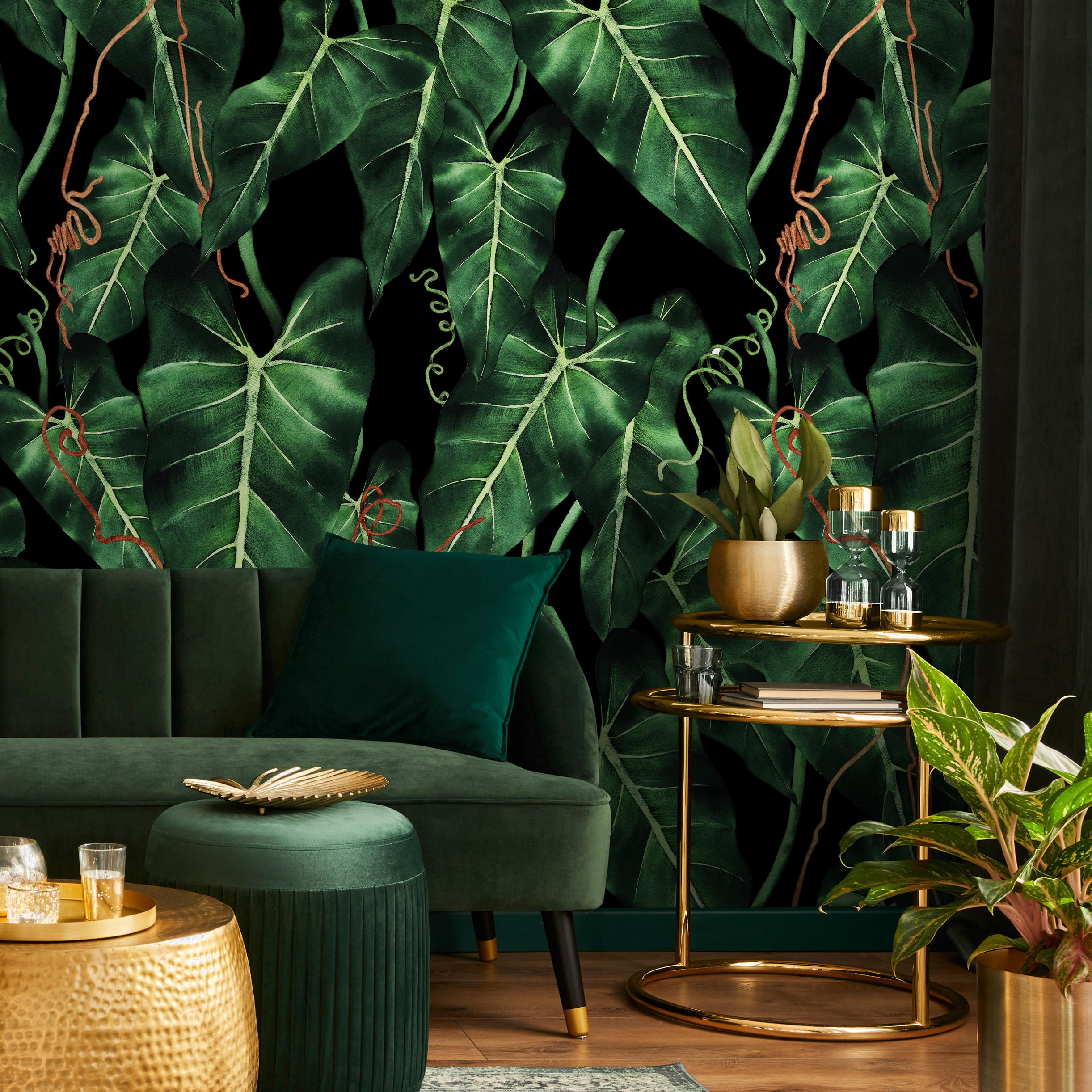Tropical Wallpaper With Philodendron Leaves In Green, Black, And Orange - B193