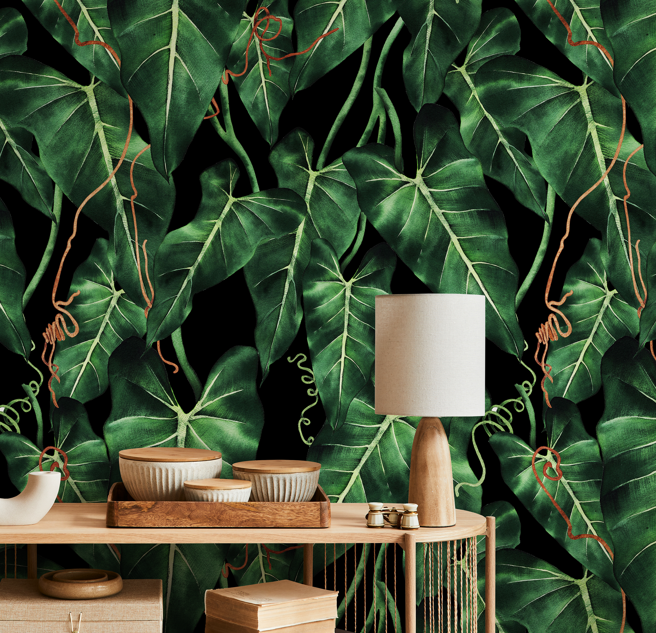 Tropical Wallpaper With Philodendron Leaves In Green, Black, And Orange - B193