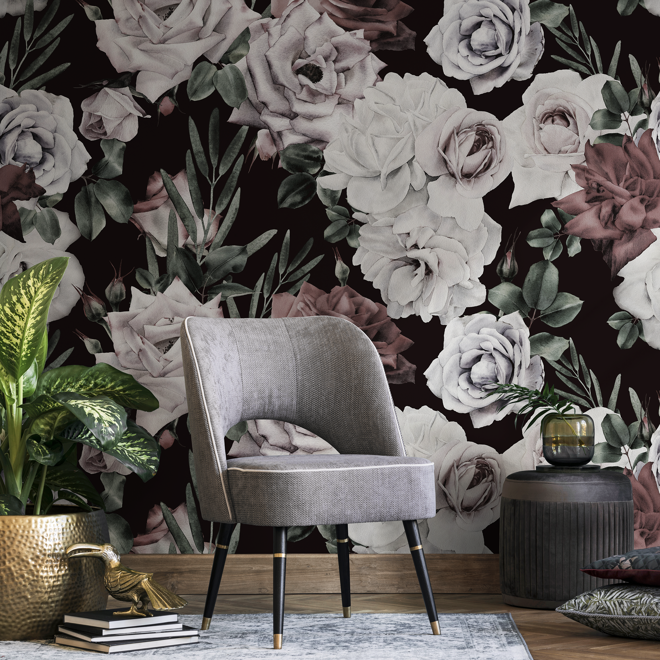 Floral Wallpaper With Vintage Roses In Cream, Mauve, And Green - B194
