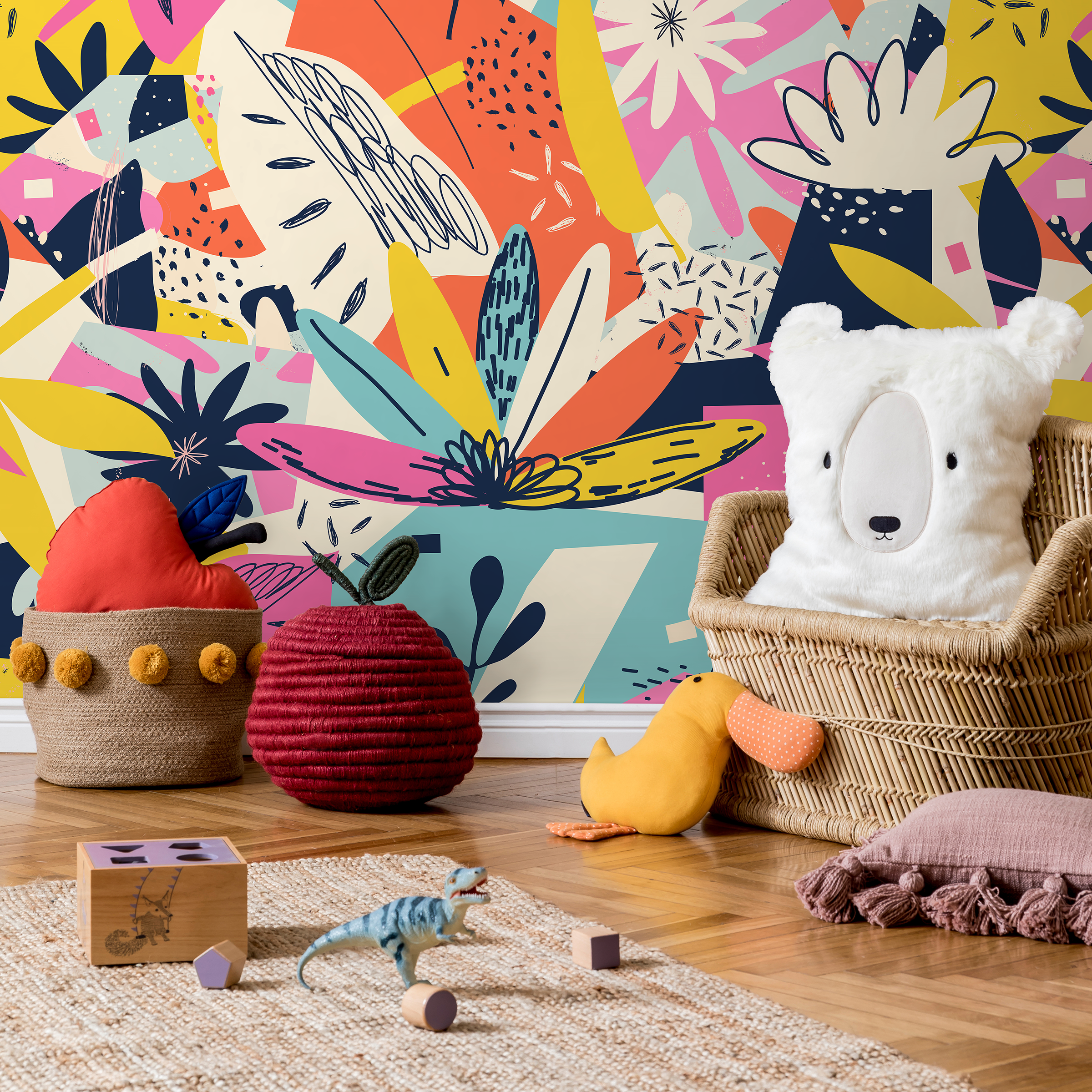 Abstract Wallpaper With A Colorful Collage Of Shapes In Pink And Yellow - B195