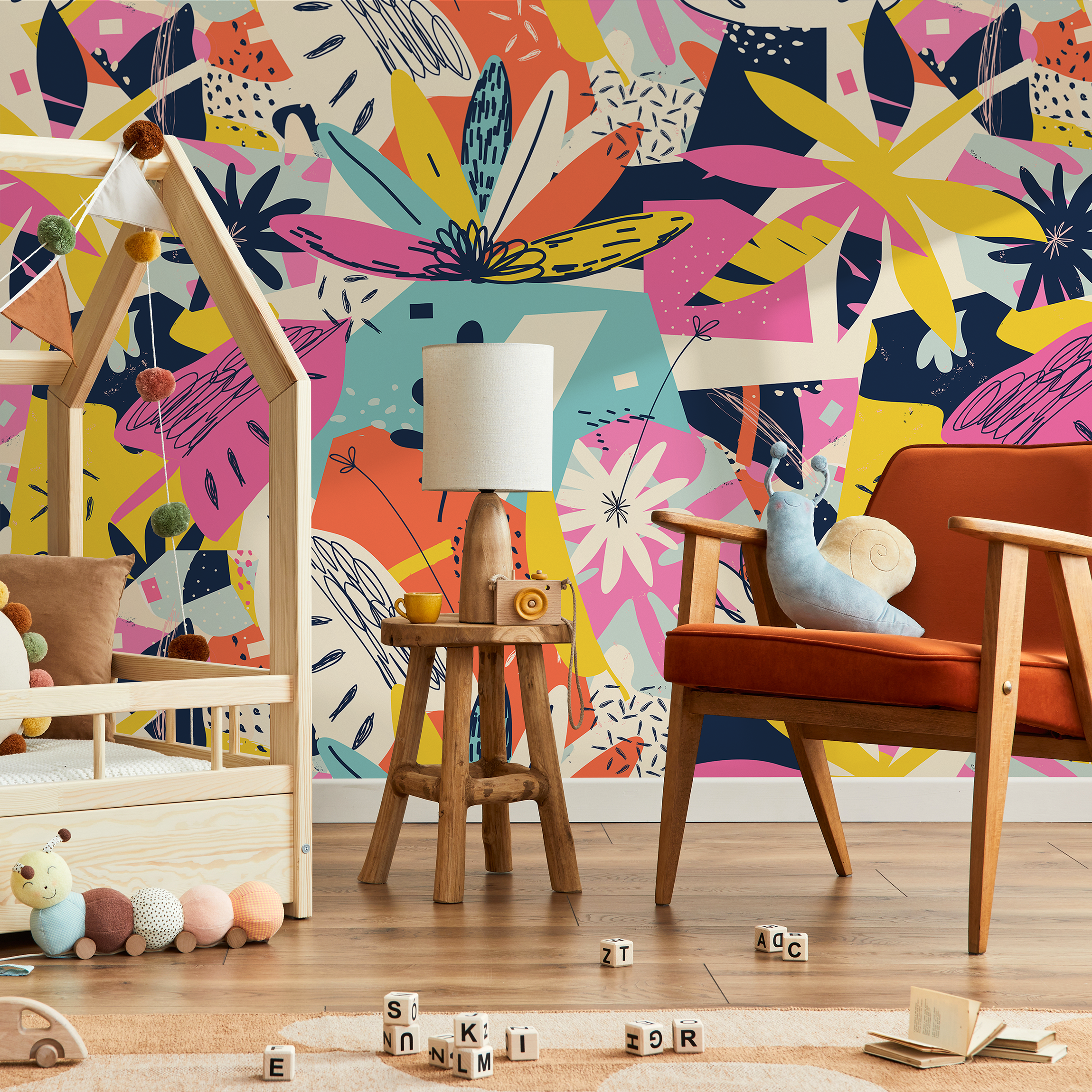 Abstract Wallpaper With A Colorful Collage Of Shapes In Pink And Yellow - B195