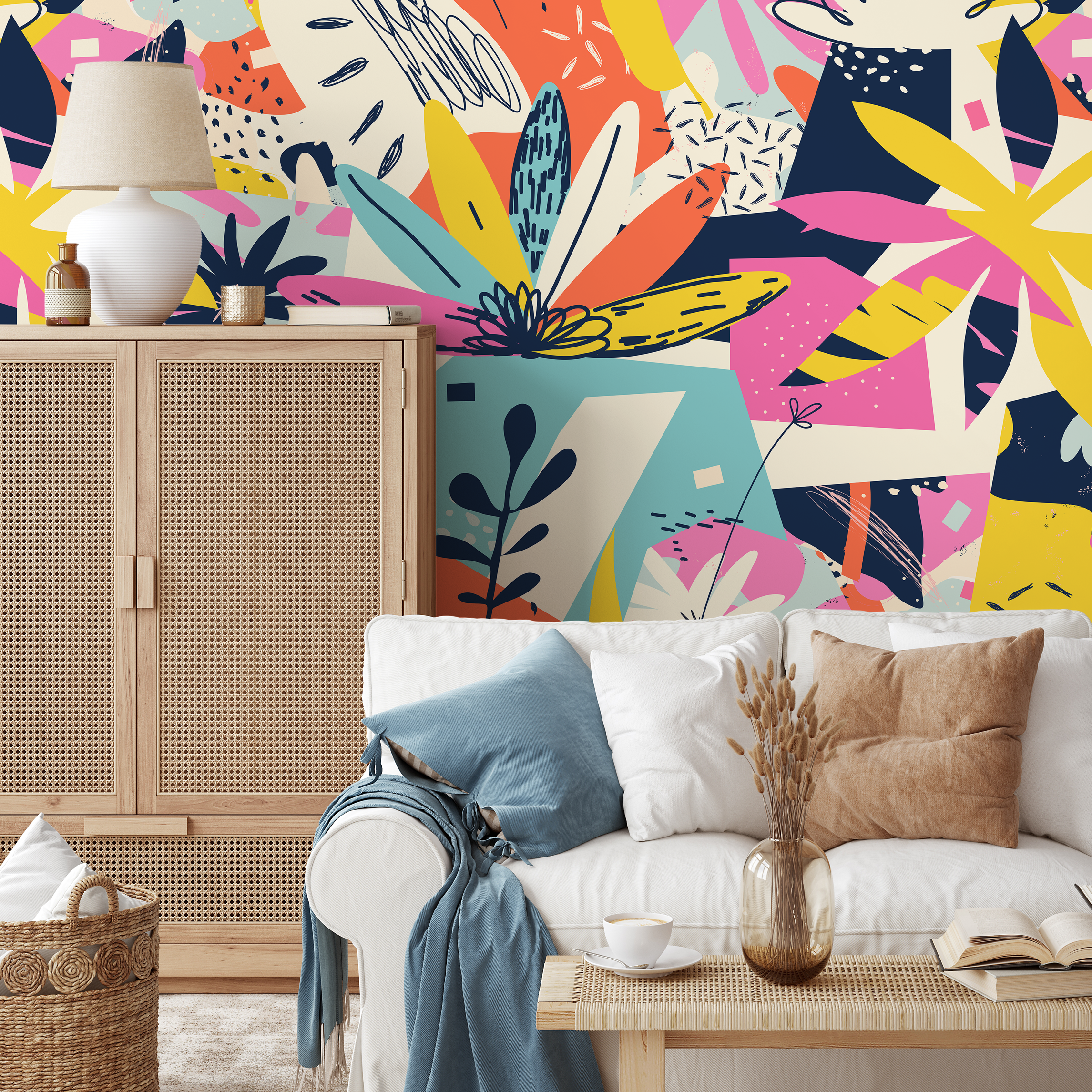 Abstract Wallpaper With A Colorful Collage Of Shapes In Pink And Yellow - B195