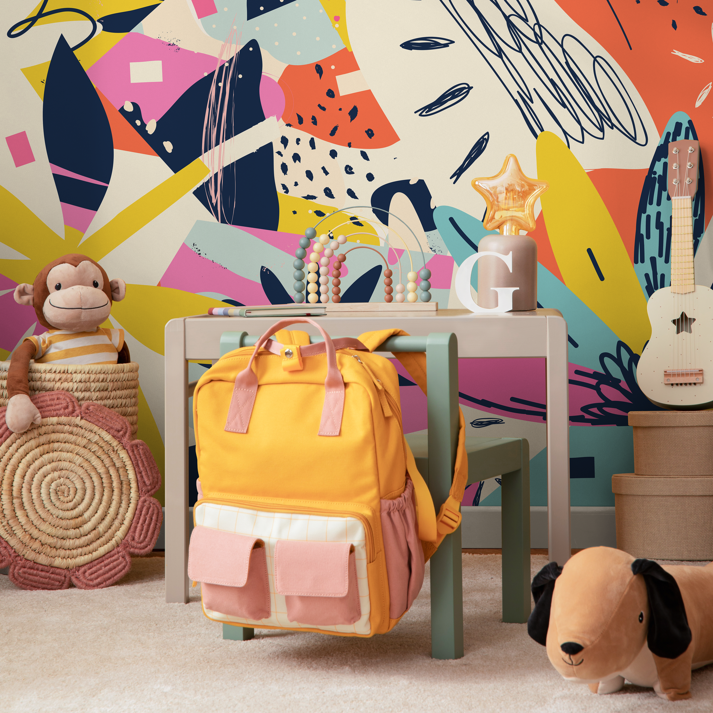 Abstract Wallpaper With A Colorful Collage Of Shapes In Pink And Yellow - B195