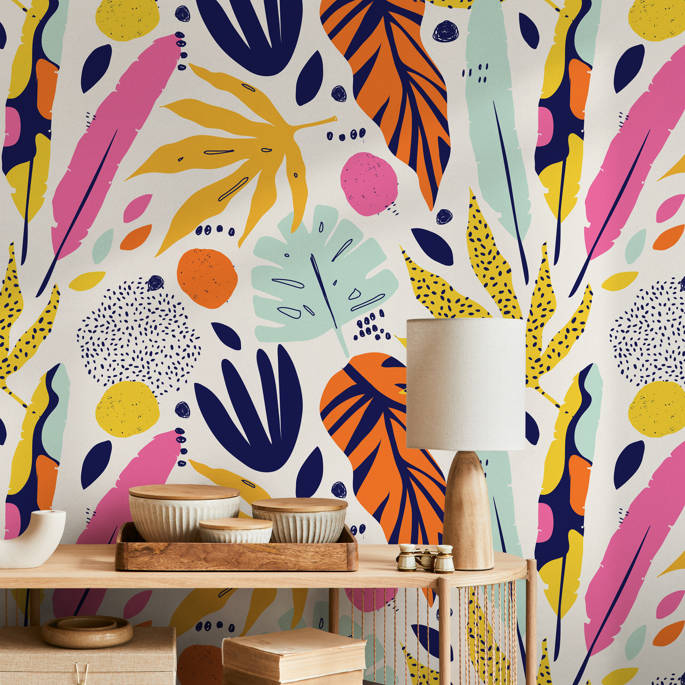 Abstract Wallpaper With A Tropical Leaf Collage In Yellow, Pink, And Blue - B196