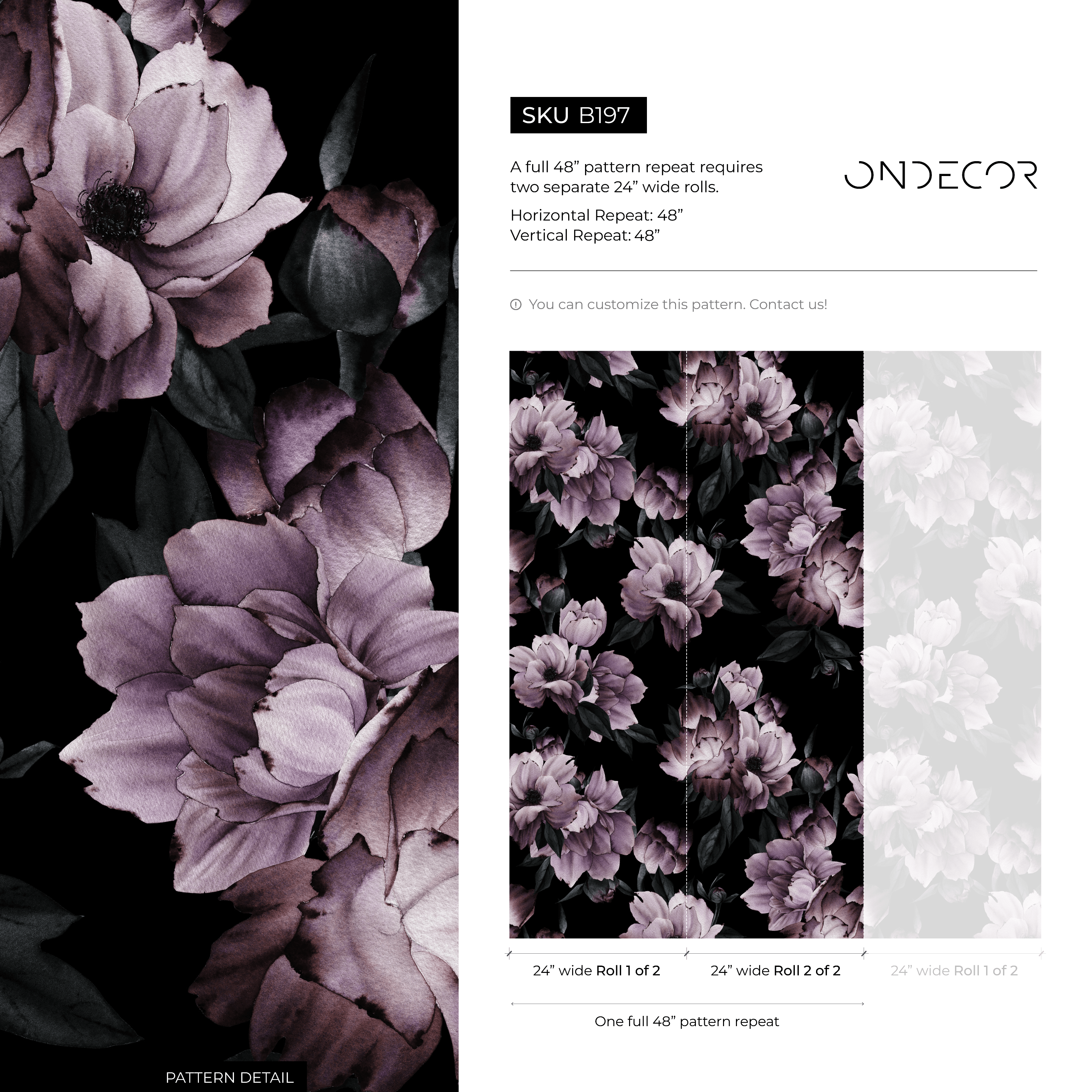 Floral Wallpaper With Large Moody Peonies In Purple And Black - B197
