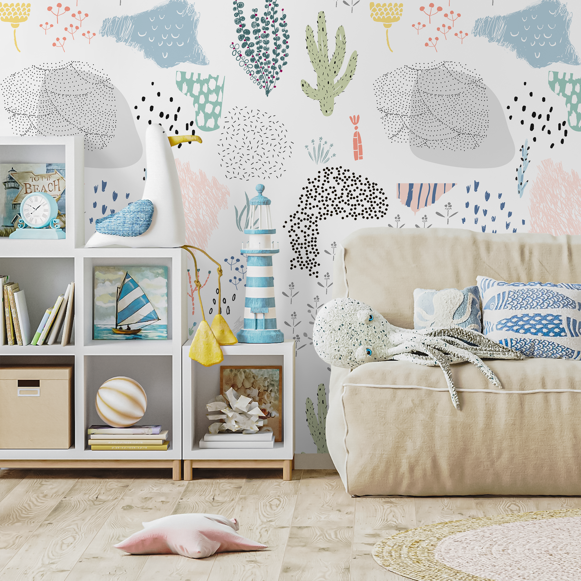 Abstract Wallpaper With Whimsical Cacti And Plants In Blue, Pink, And Green - B203