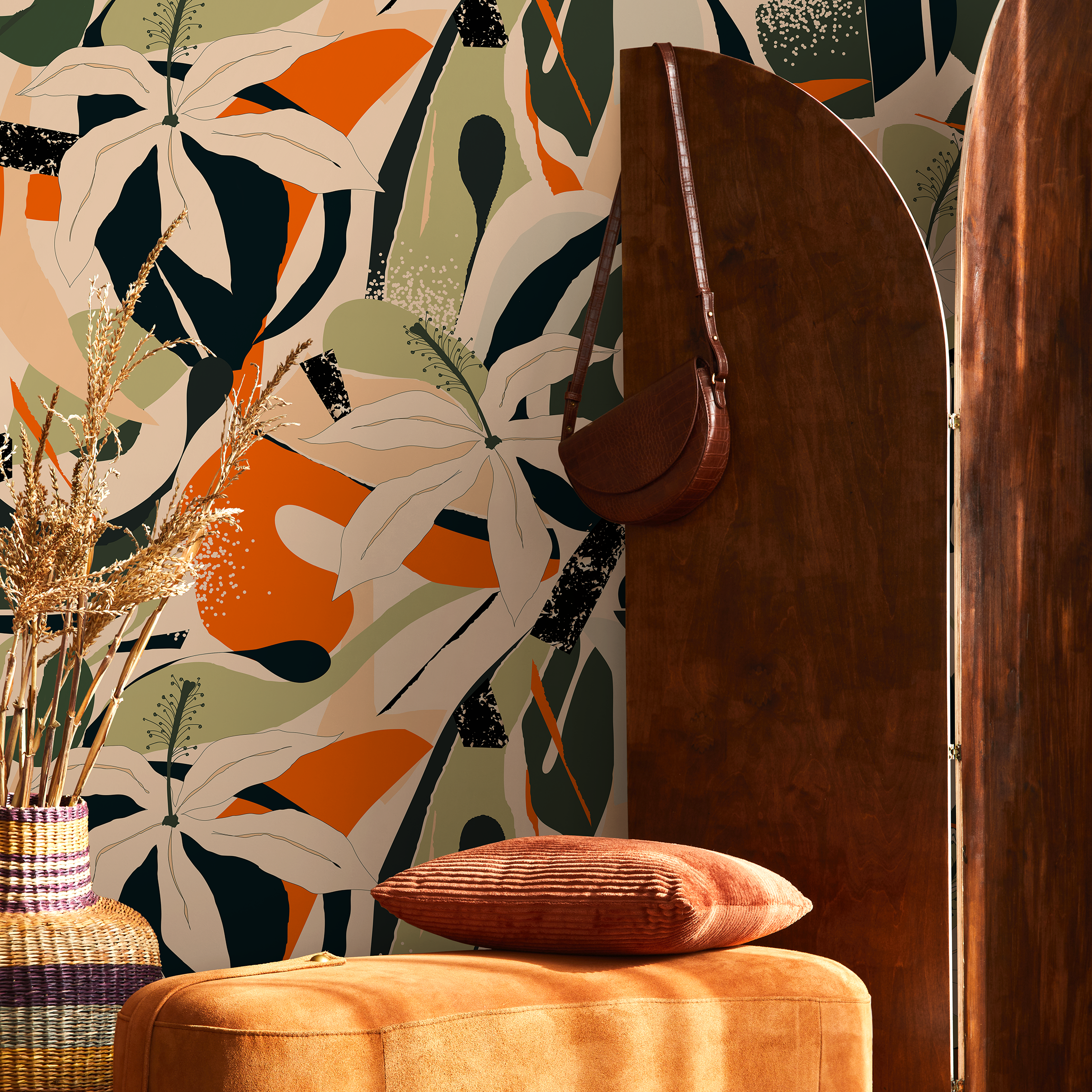 Tropical Wallpaper With An Abstract Floral Collage In Green, Orange, And Black - B205