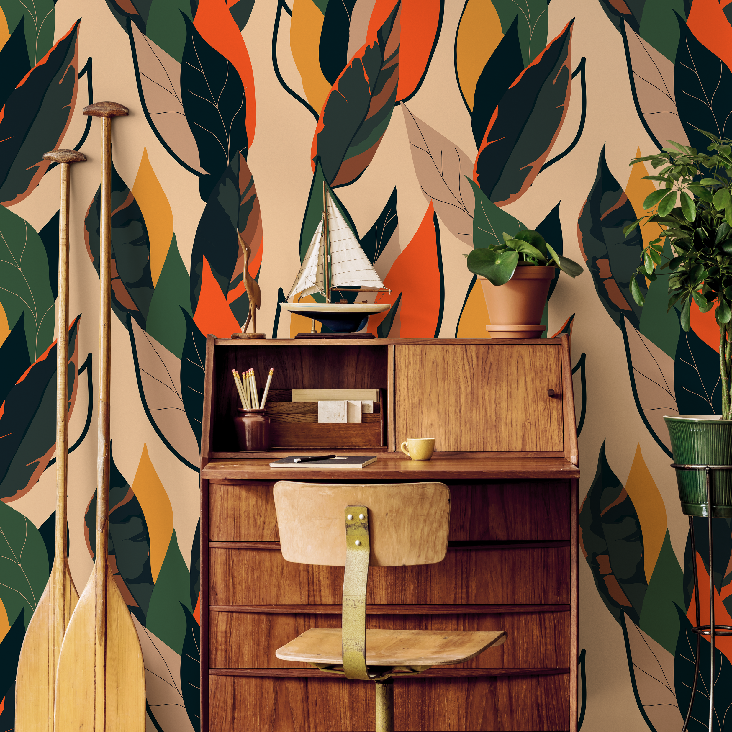 Botanical Wallpaper With Stylized Leaves In Green, Orange, And Yellow - B213
