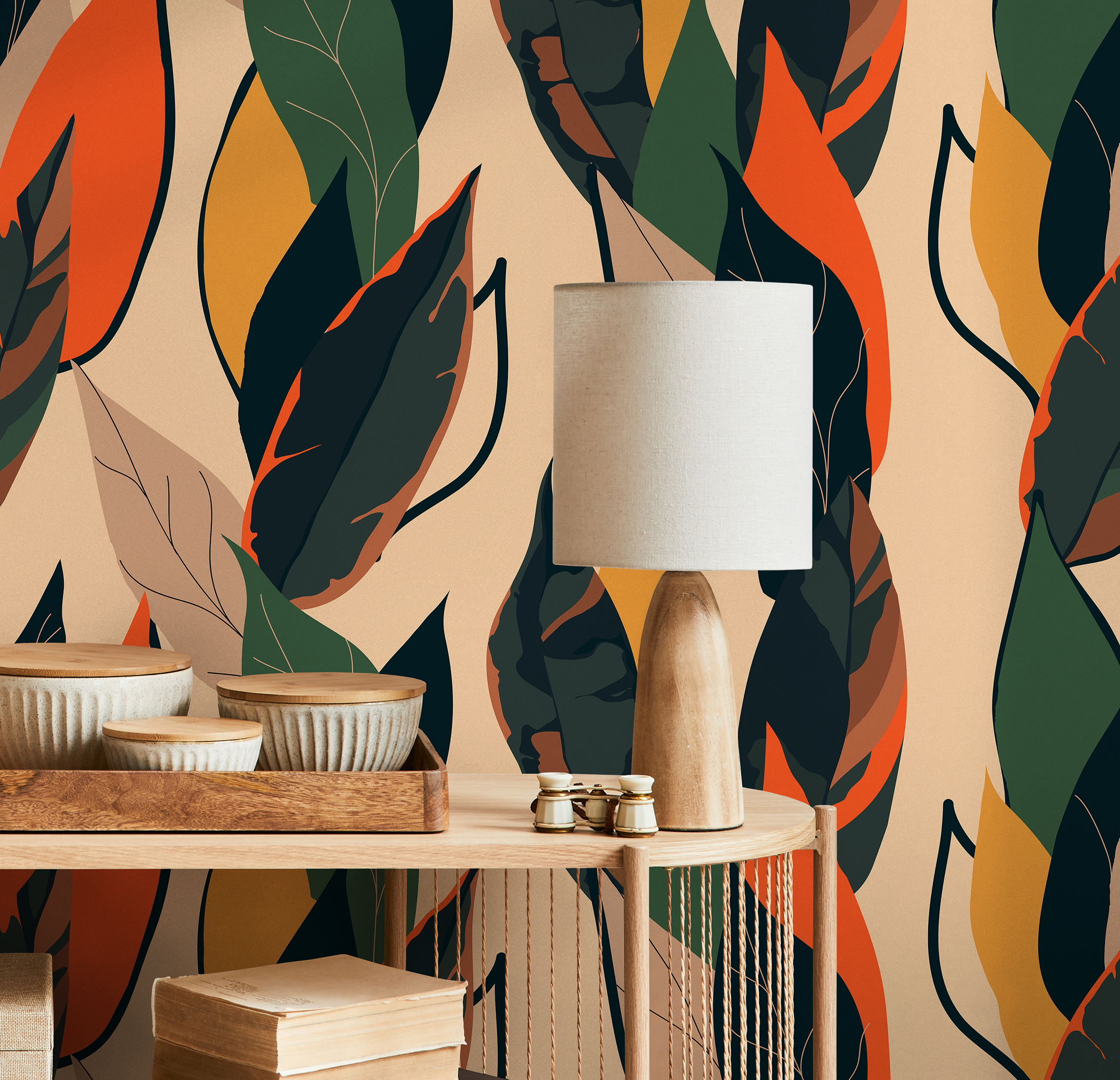 Botanical Wallpaper With Abstract Leaves In Green, Orange, And Yellow - B213