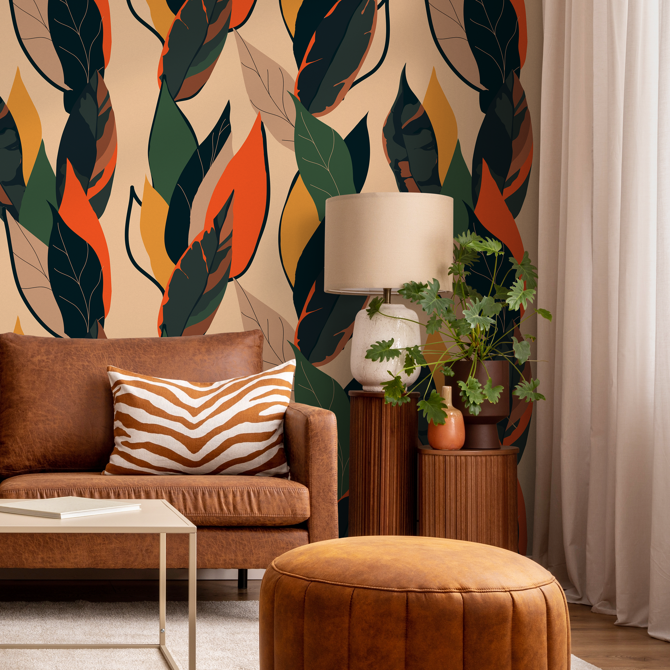 Botanical Wallpaper With Abstract Leaves In Green, Orange, And Yellow - B213