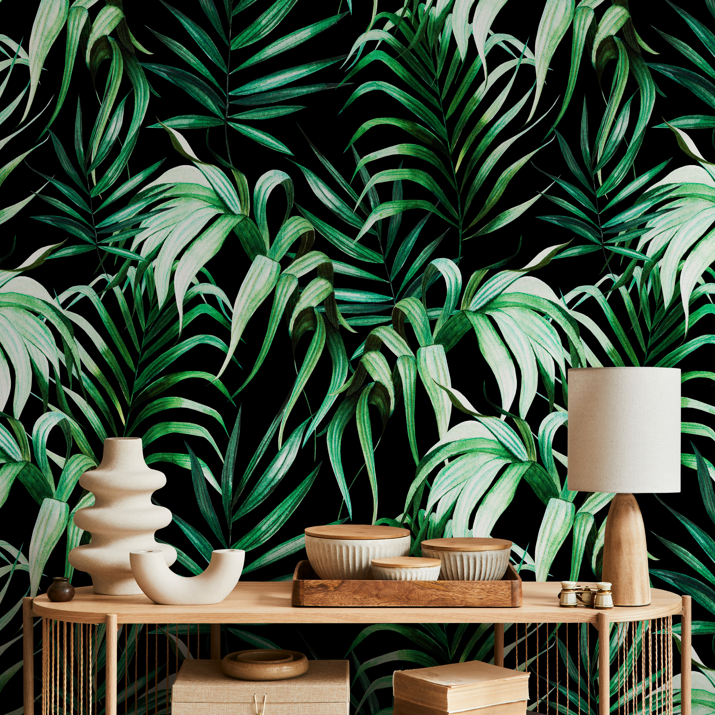 Tropical Wallpaper With Lush Palm Leaves In Green And Black - B214