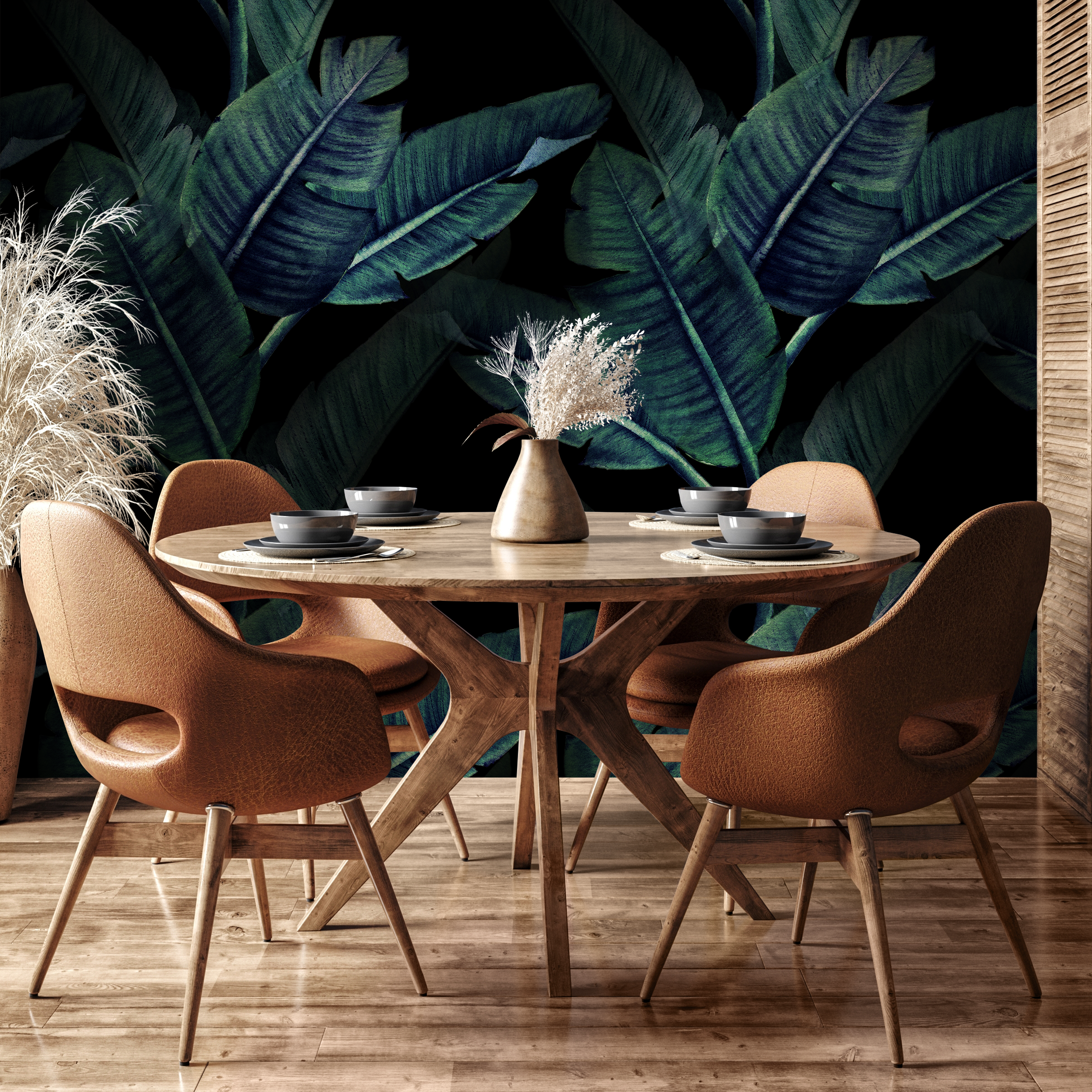 Botanical Wallpaper Featuring Large Banana Leaves In Green And Black - B217