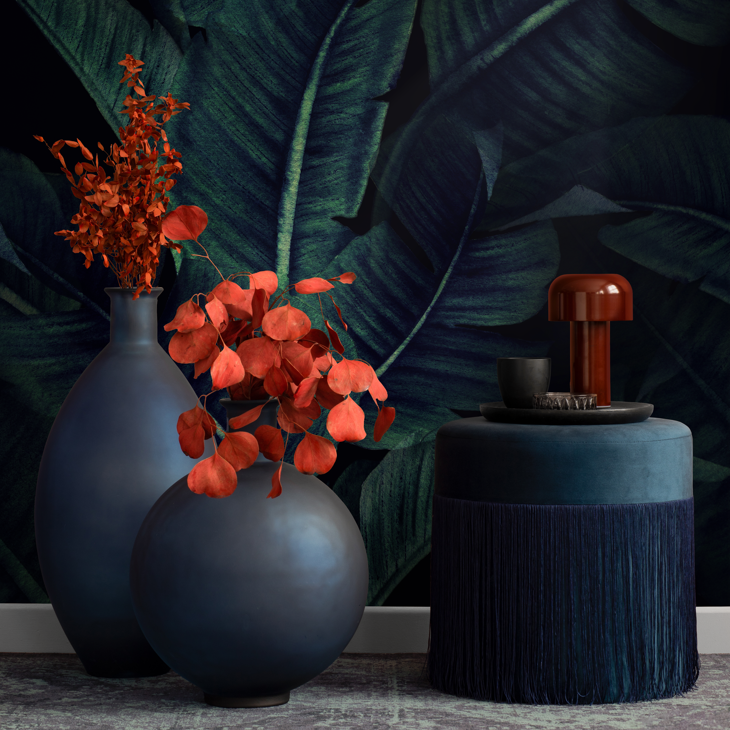 Tropical Wallpaper With Layered Banana Leaves In Dark Green And Black - B218