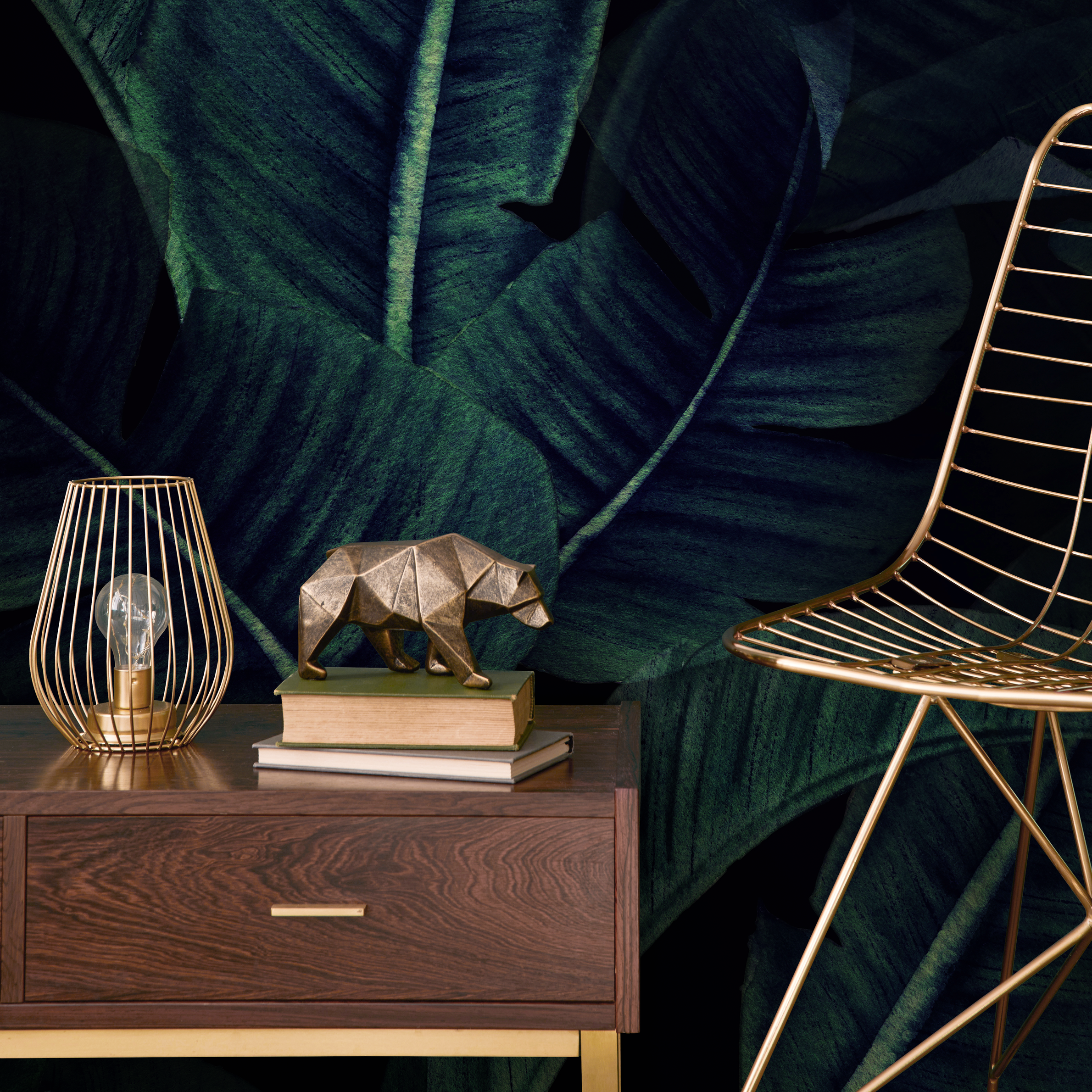 Tropical Wallpaper With Layered Banana Leaves In Dark Green And Black - B218