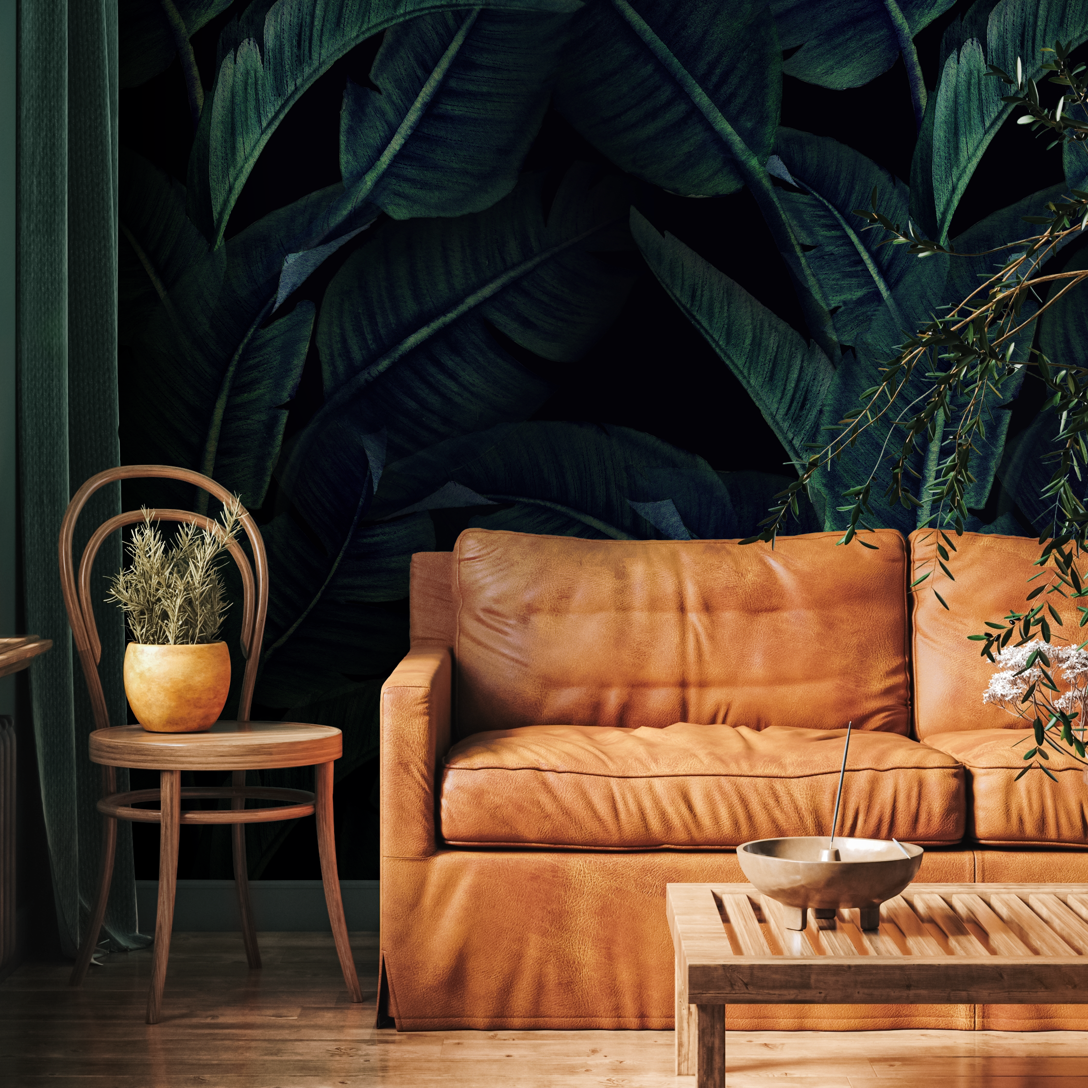 Tropical Wallpaper With Layered Banana Leaves In Dark Green And Black - B218