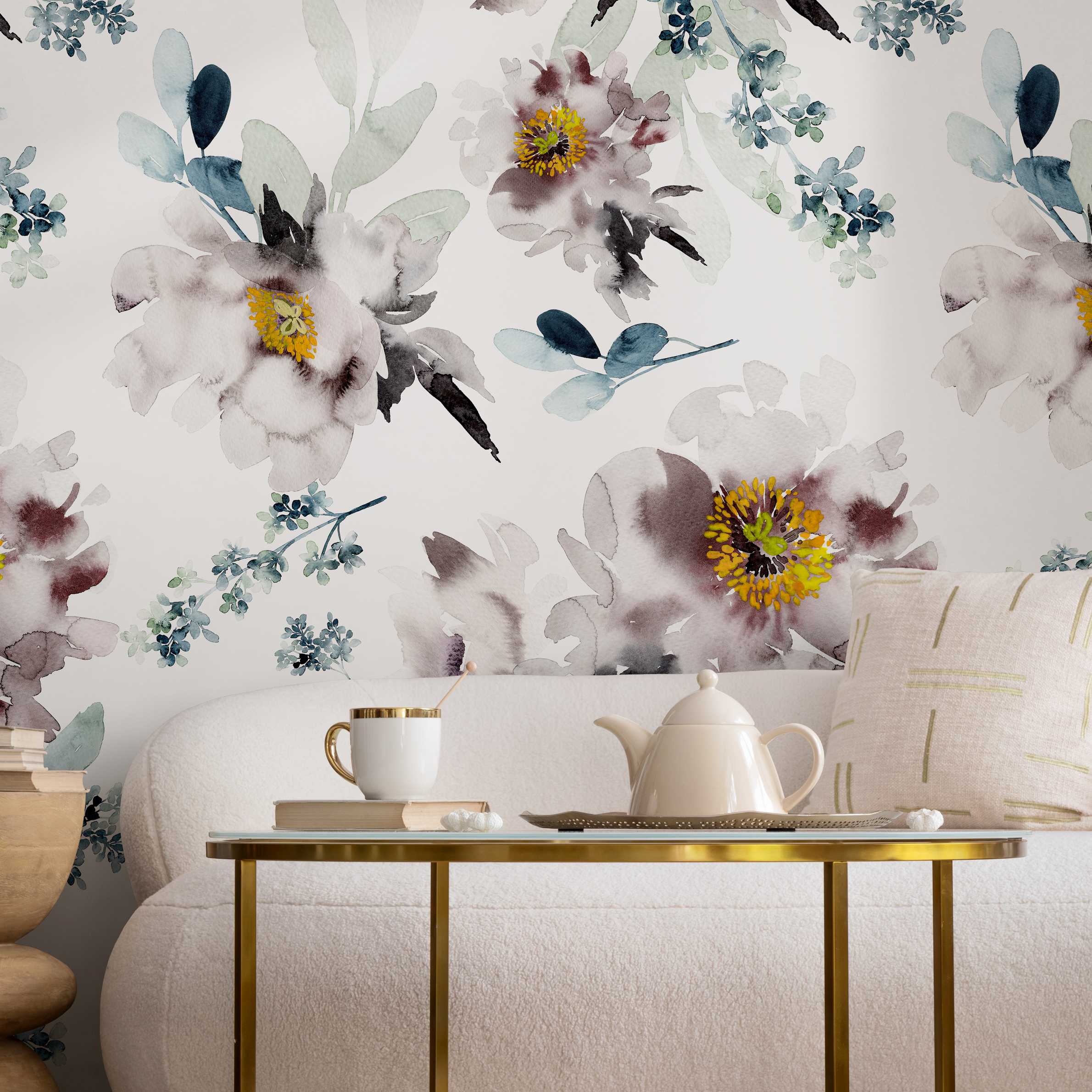 Floral Wallpaper With A Watercolor Peony Motif In Mauve, Blue, And Yellow - B219
