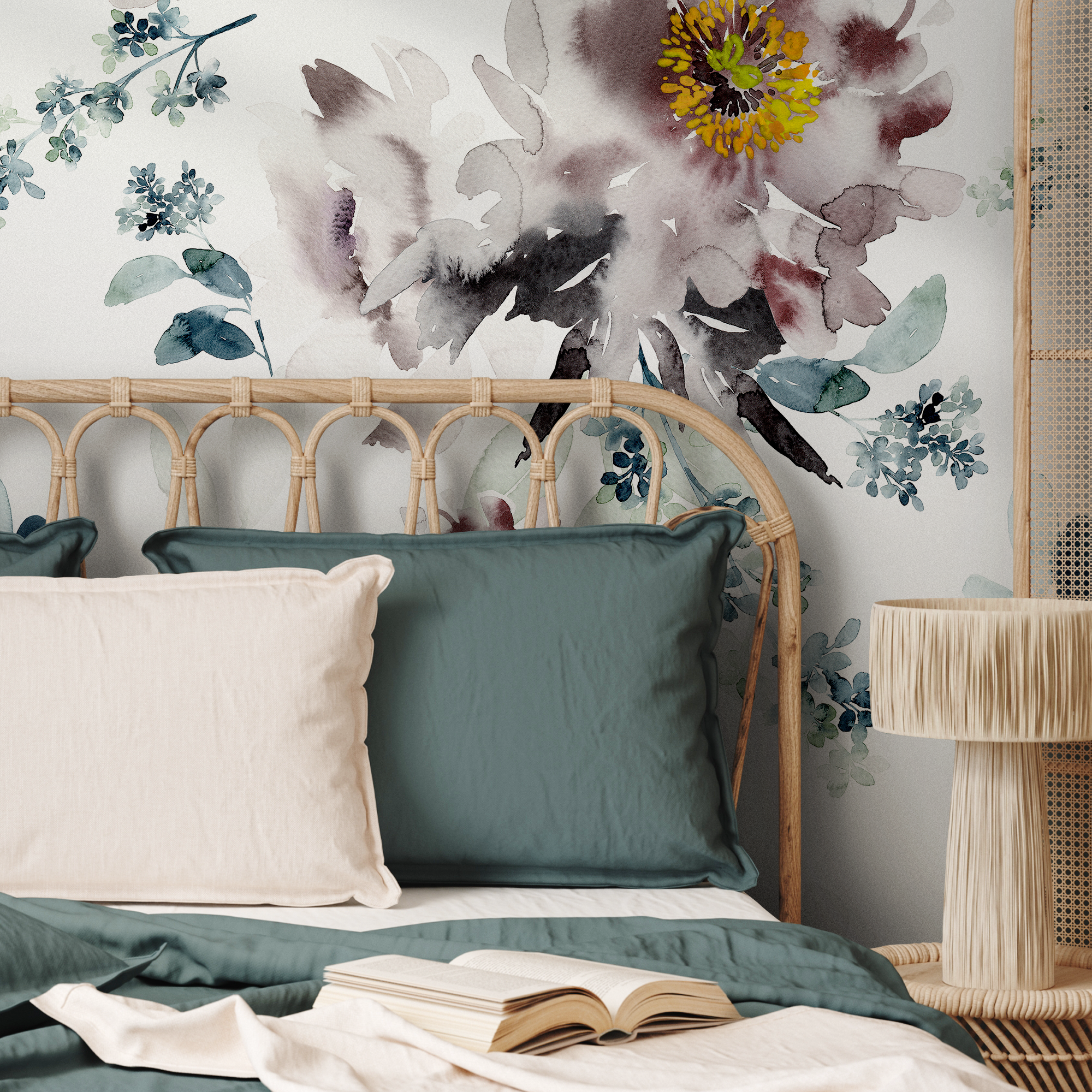 Floral Wallpaper With A Watercolor Peony Motif In Mauve, Blue, And Yellow - B219