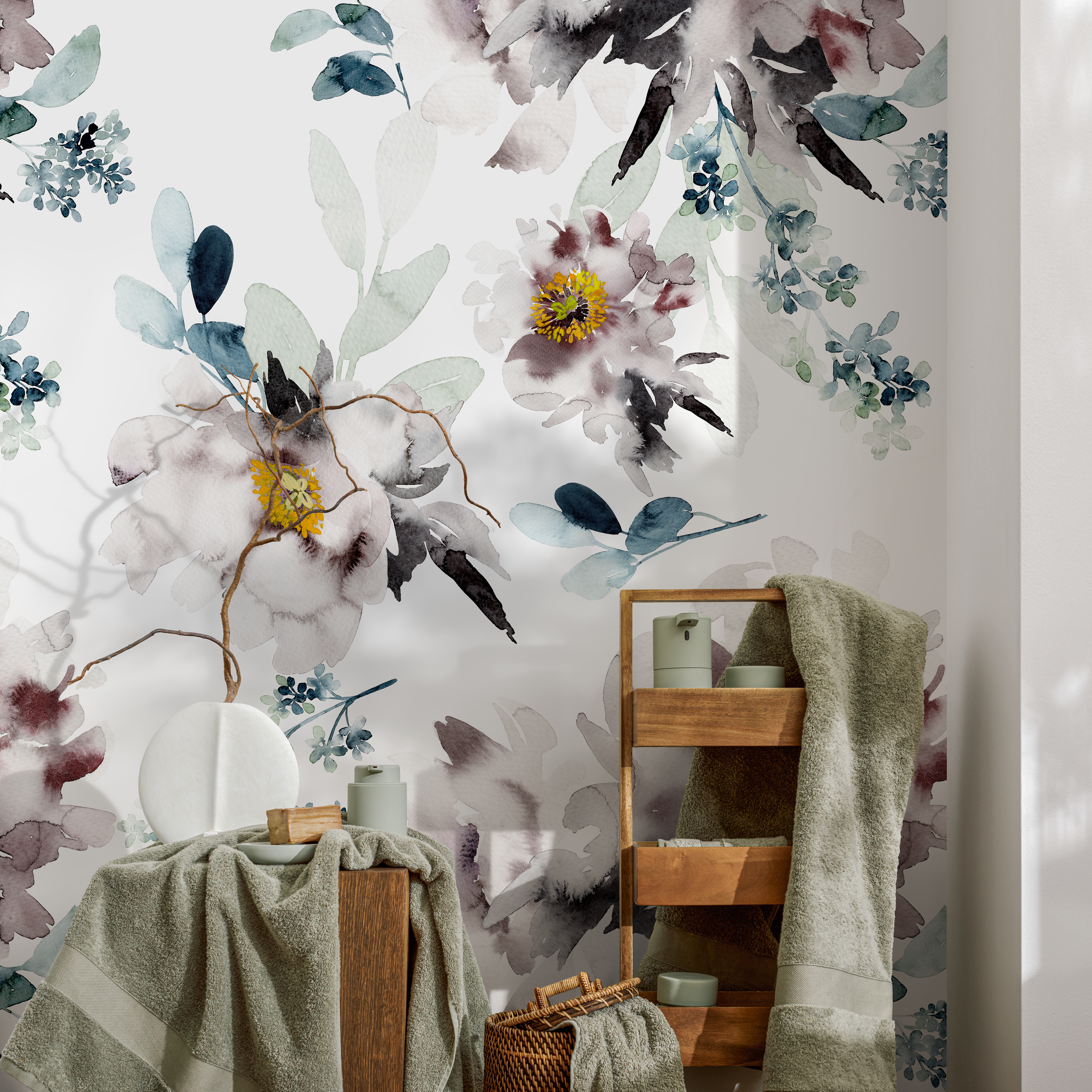 Floral Wallpaper With A Watercolor Peony Motif In Mauve, Blue, And Yellow - B219