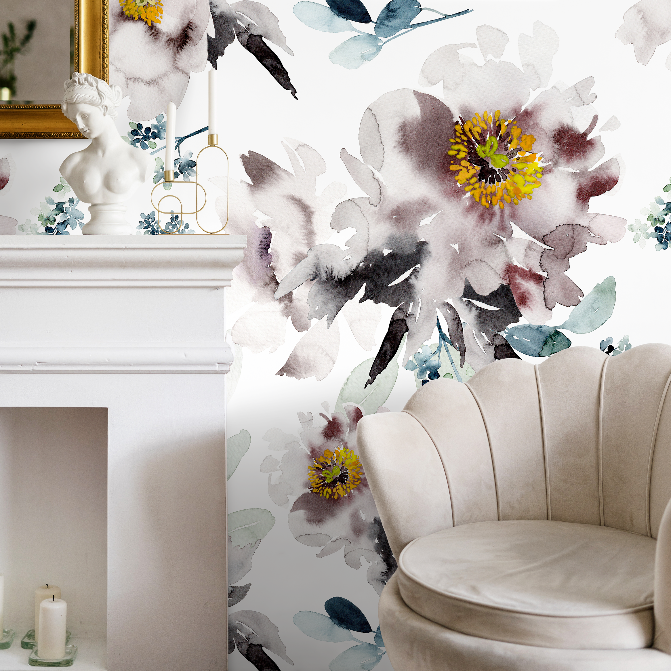 Floral Wallpaper With A Watercolor Peony Motif In Mauve, Blue, And Yellow - B219