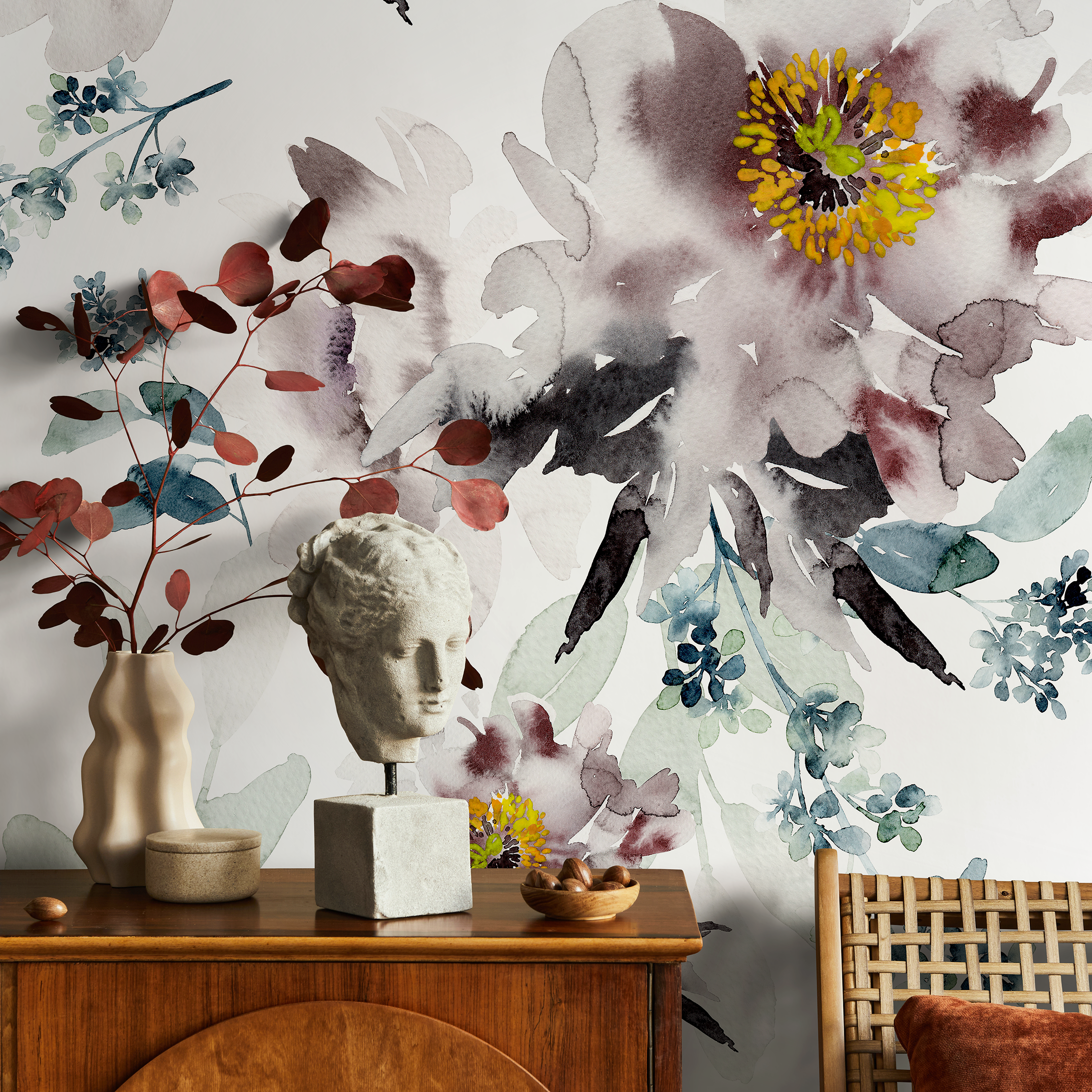 Floral Wallpaper With A Watercolor Peony Motif In Mauve, Blue, And Yellow - B219