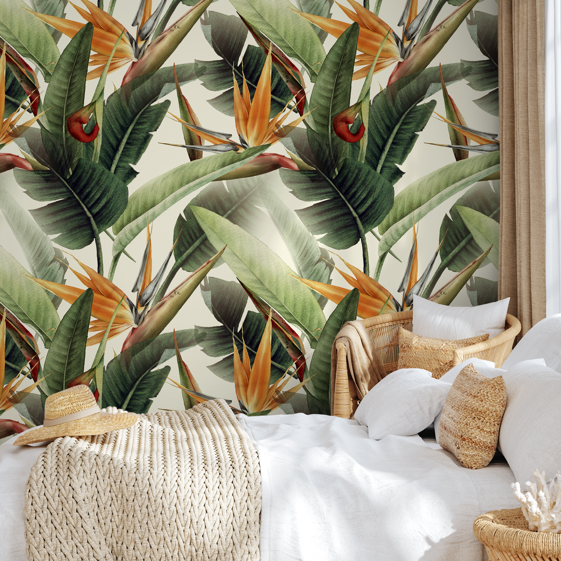 Botanical Wallpaper Featuring Bird Of Paradise Flowers In Green, Orange, And Red - B220