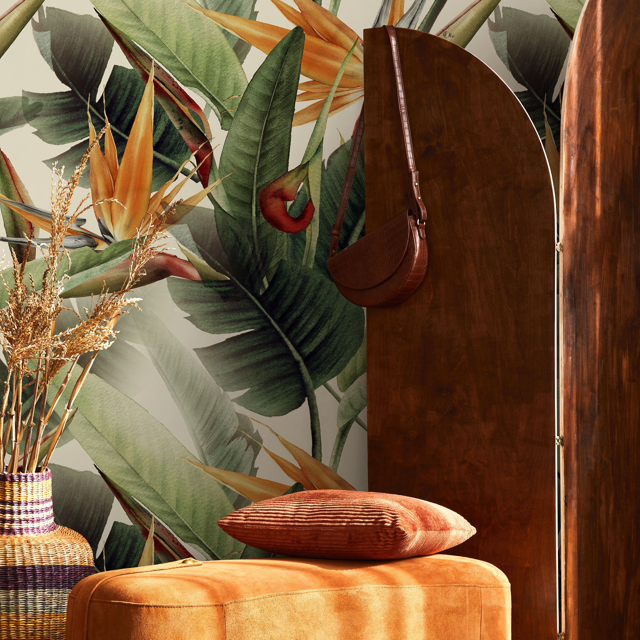 Botanical Wallpaper Featuring Bird Of Paradise Flowers In Green, Orange, And Red - B220