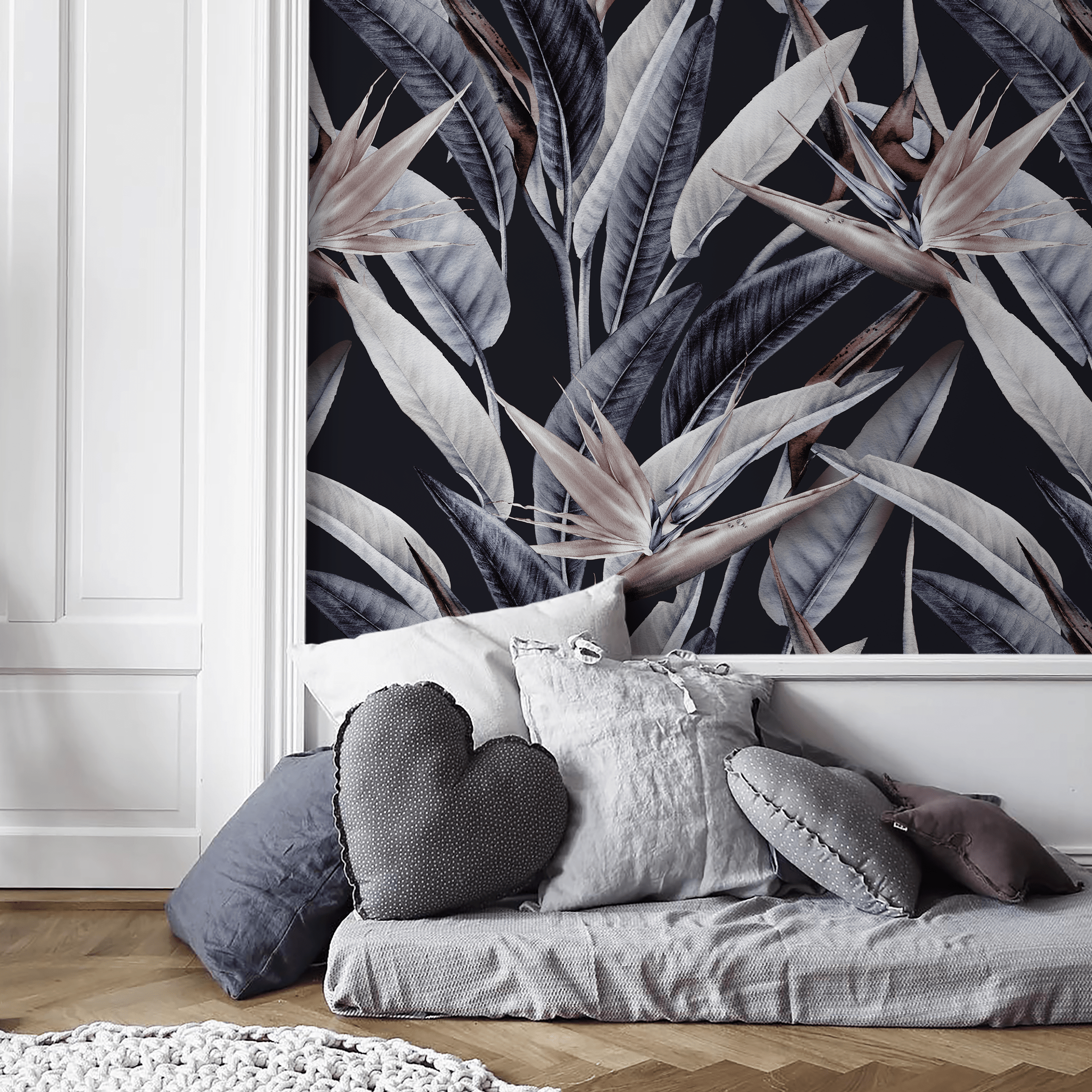 Botanical Wallpaper With Bird Of Paradise Flowers In Gray, Beige, And Black - B221