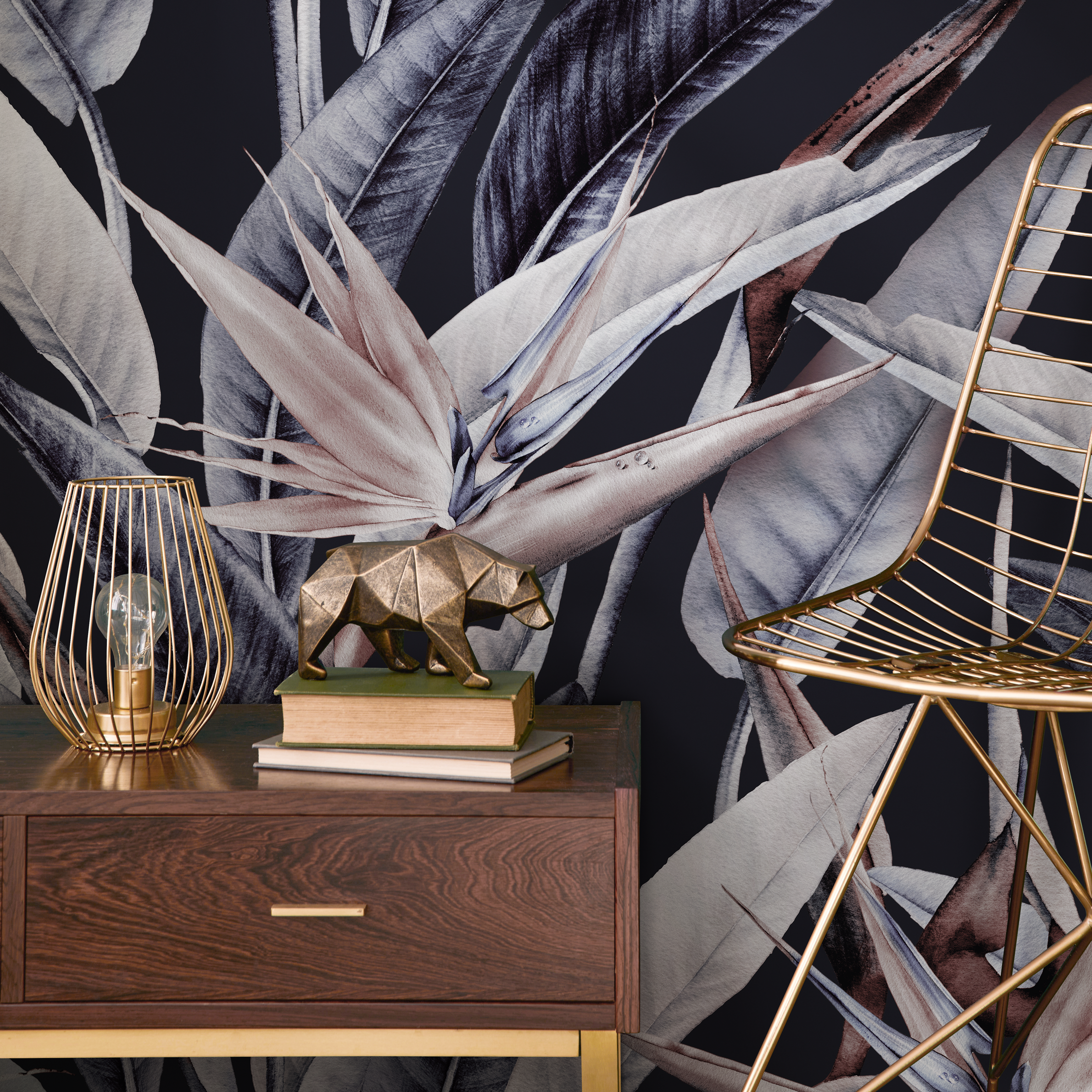 Botanical Wallpaper With Bird Of Paradise Flowers In Gray, Beige, And Black - B221