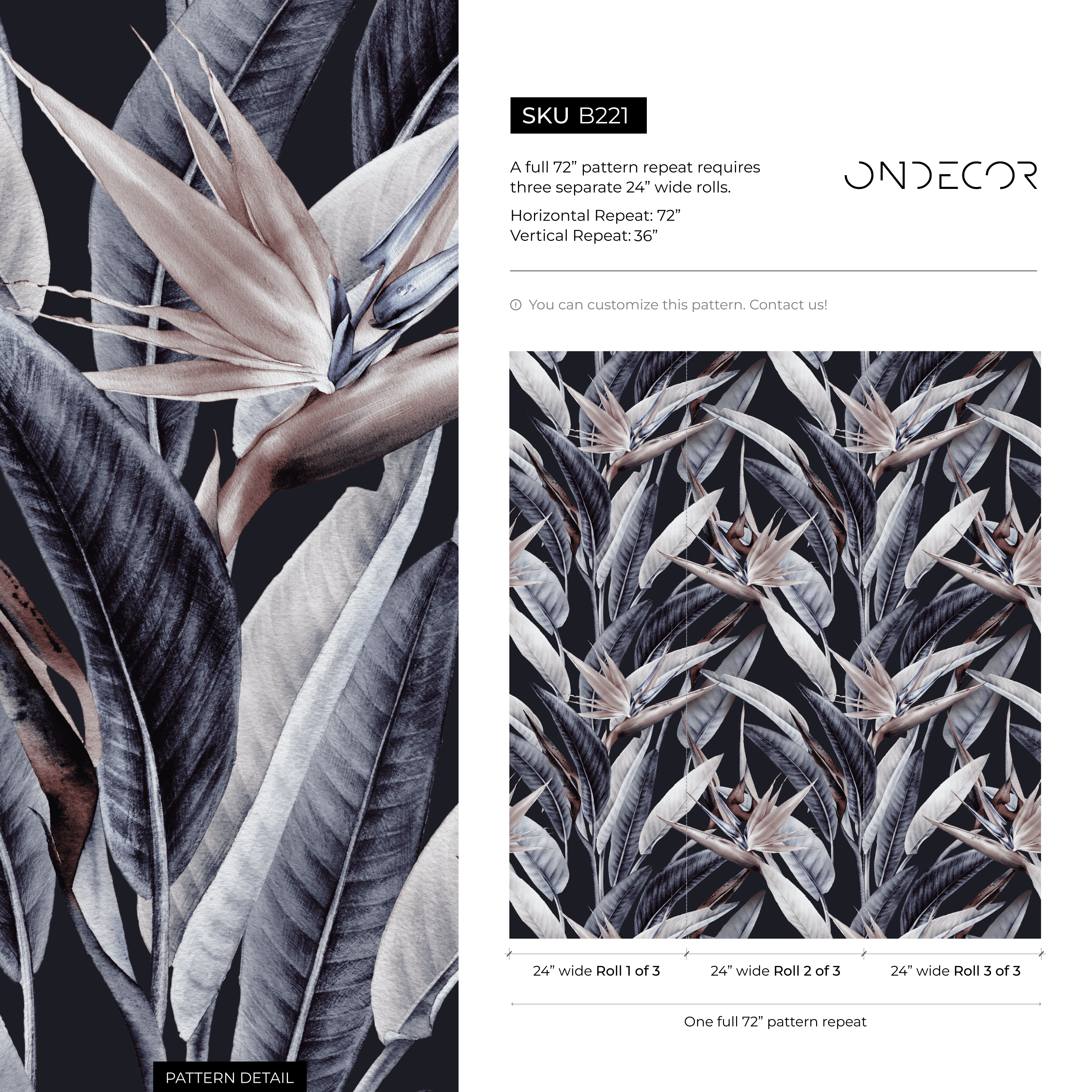 Botanical Wallpaper With Bird Of Paradise Flowers In Gray, Beige, And Black - B221