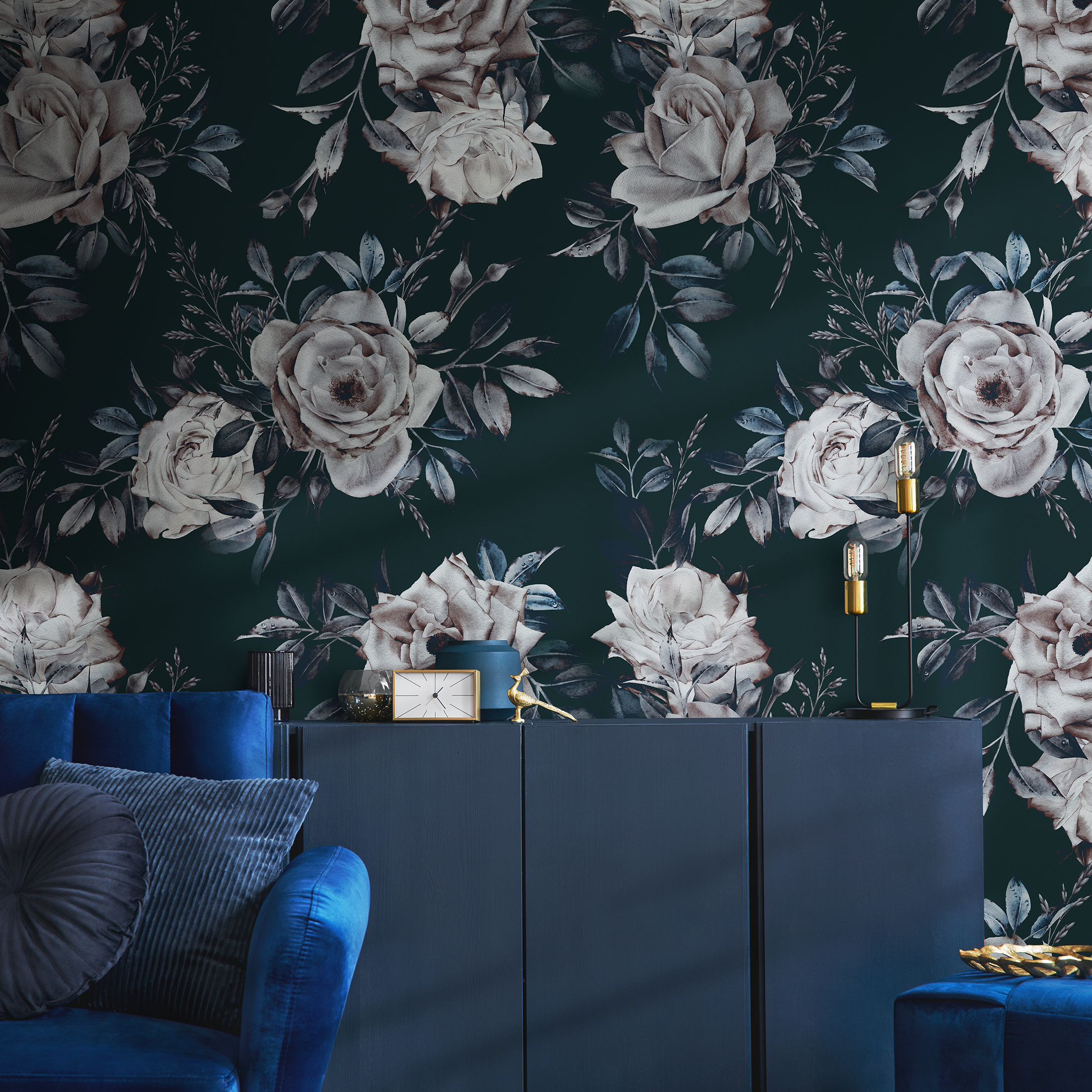 Floral Wallpaper With Moody Roses In Dark Green, White, And Blue - B223