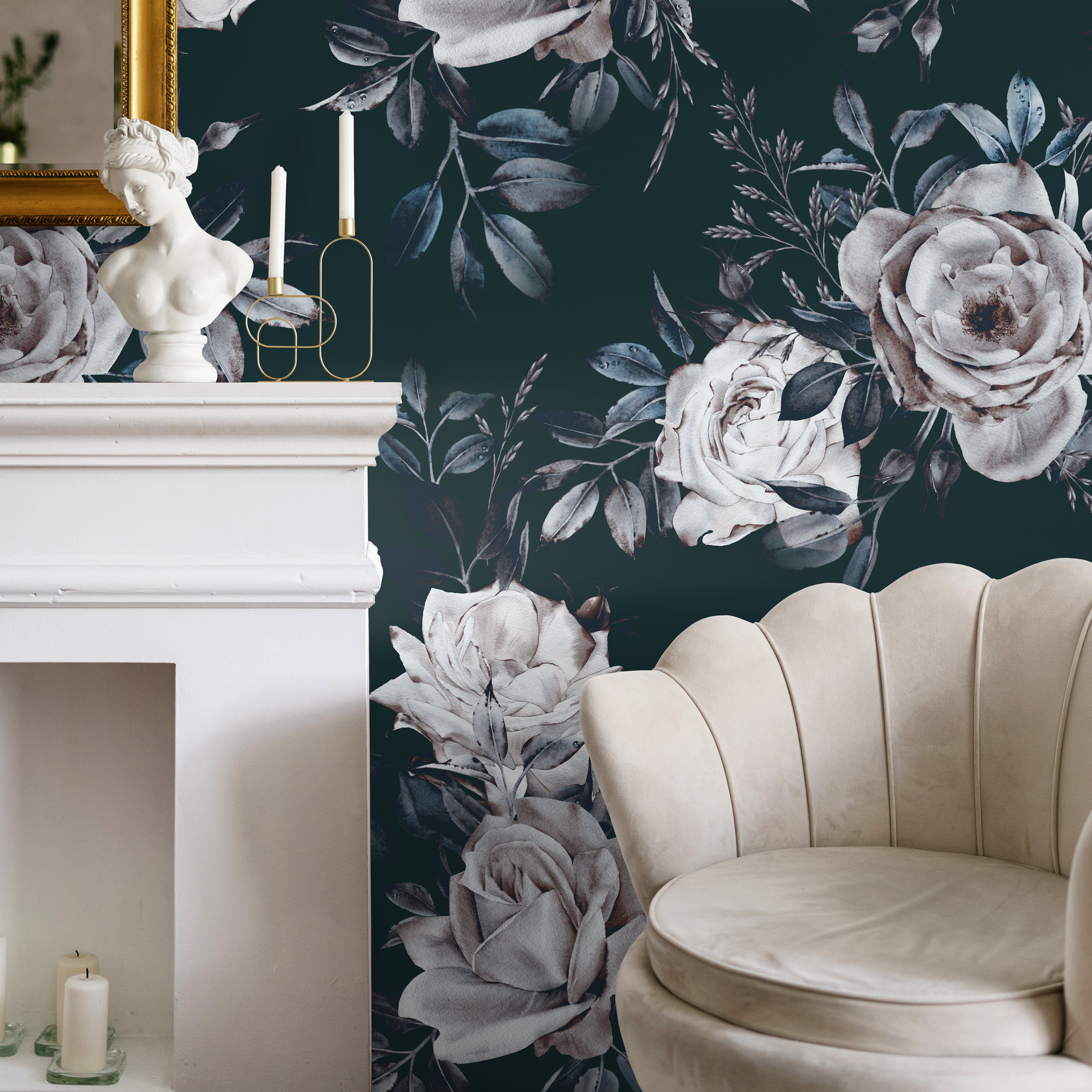 Floral Wallpaper With Moody Roses In Dark Green, White, And Blue - B223