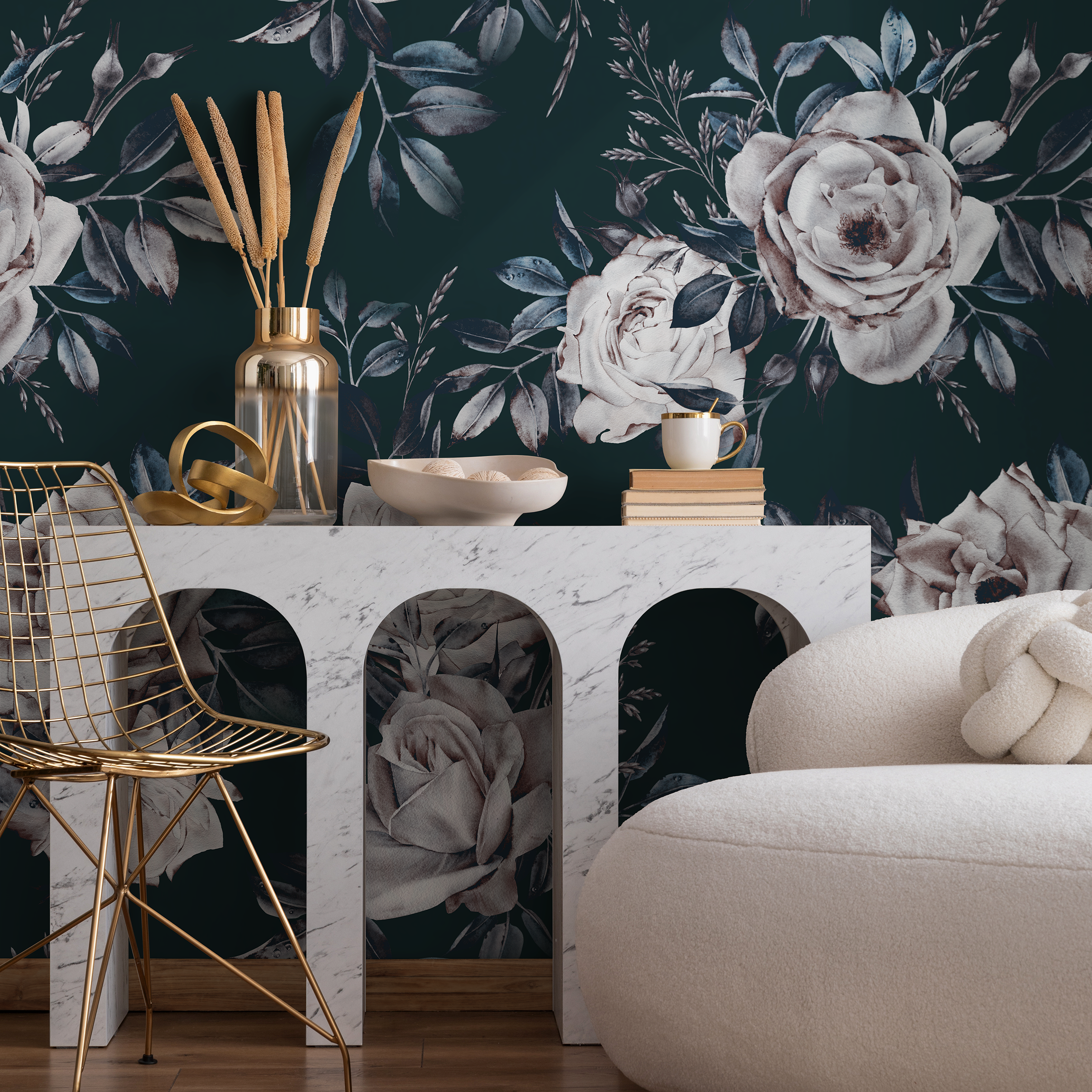 Floral Wallpaper With Moody Roses In Dark Green, White, And Blue - B223