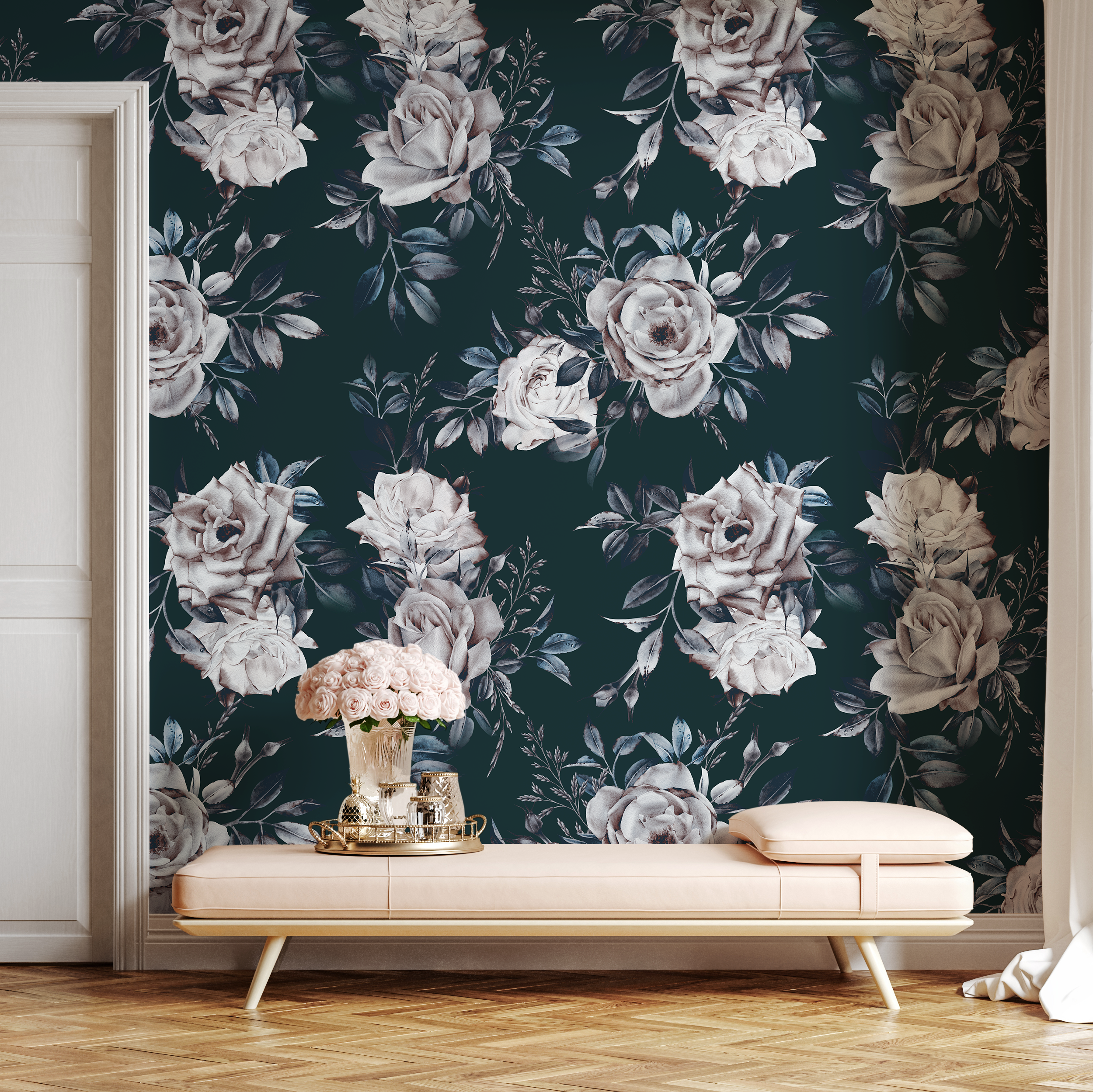 Floral Wallpaper With Moody Roses In Dark Green, White, And Blue - B223