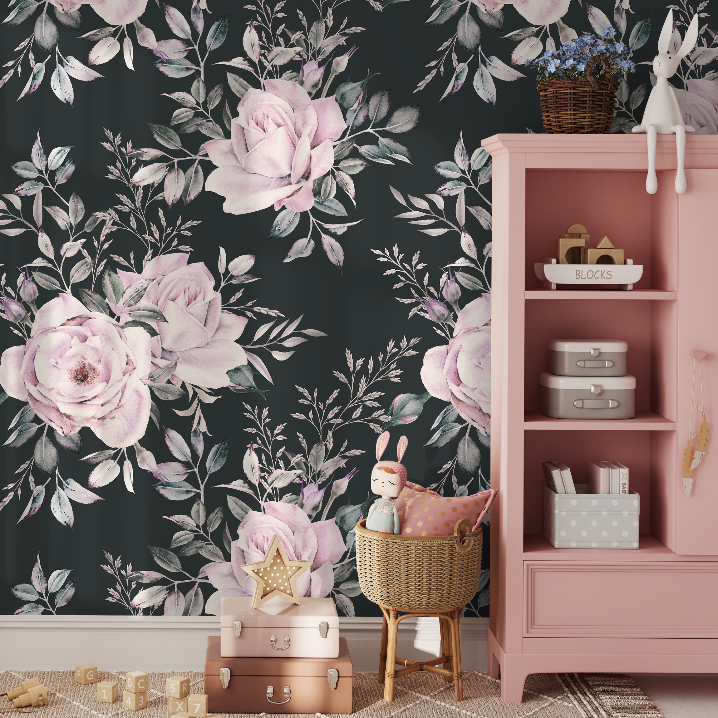 Floral Wallpaper Featuring Romantic Rose Bouquets In Pink, Green, And Black - B224