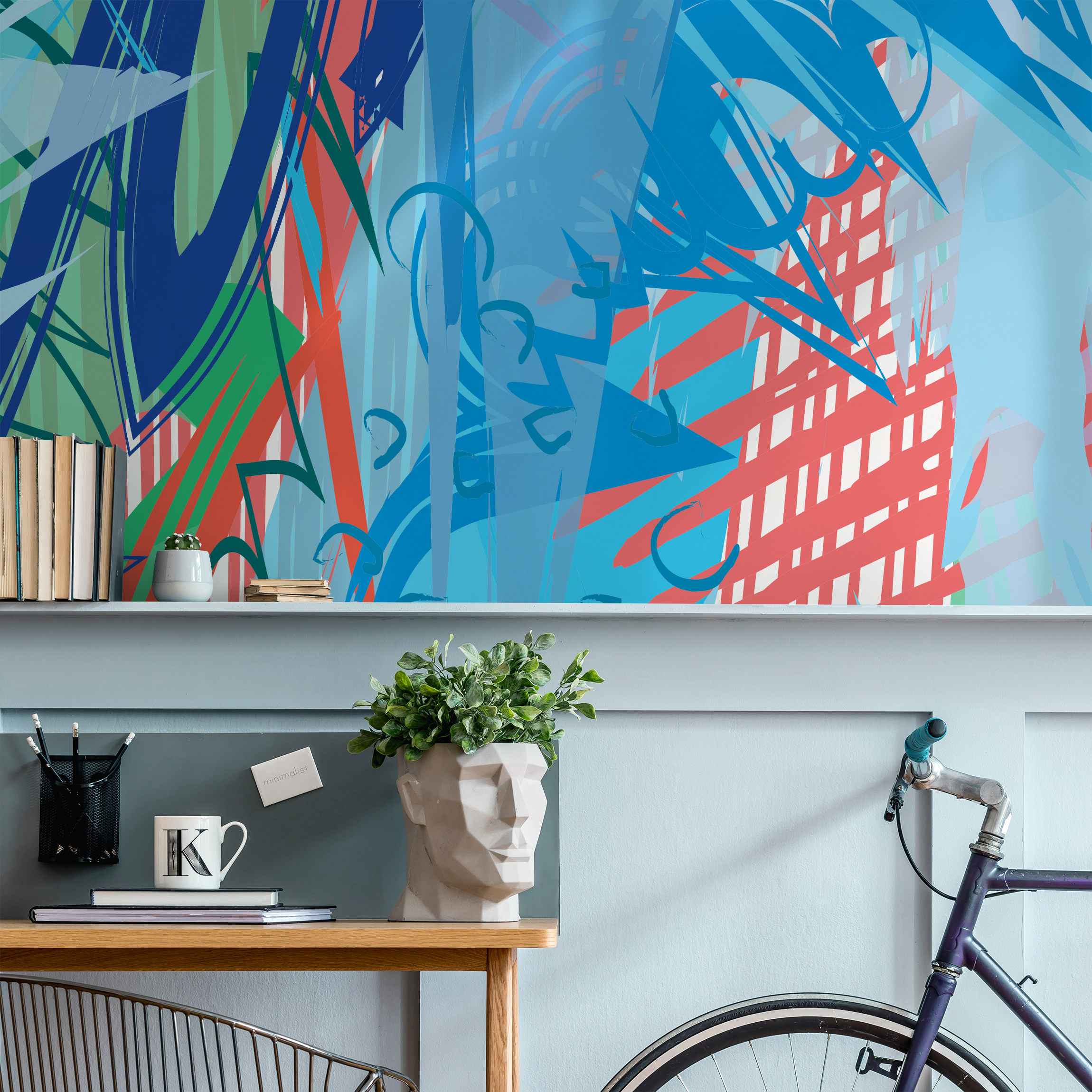 Abstract Wallpaper With Dynamic Brush Strokes In Blue, Yellow, And Pink - B226