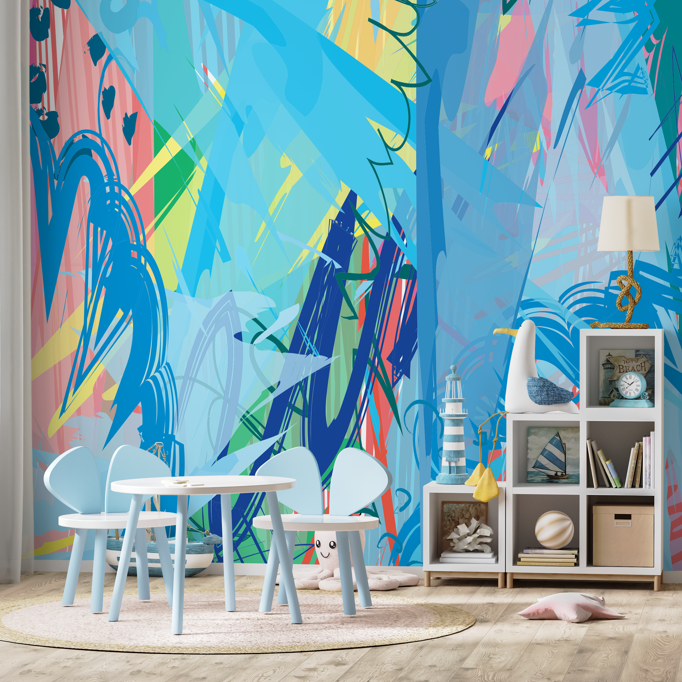 Abstract Wallpaper With Dynamic Brush Strokes In Blue, Yellow, And Pink - B226