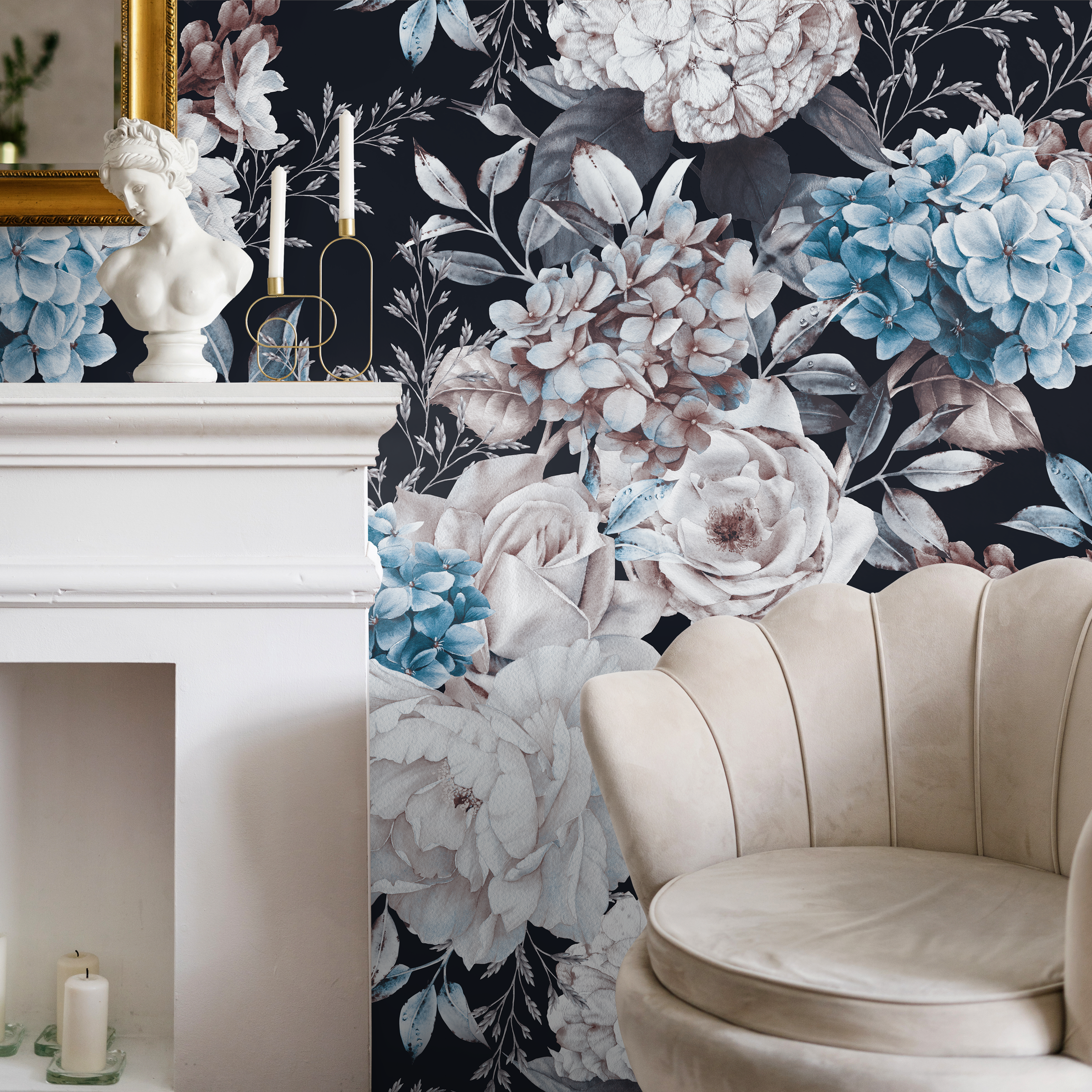 Floral Wallpaper Featuring Peonies And Hydrangeas In Blue And White - B227