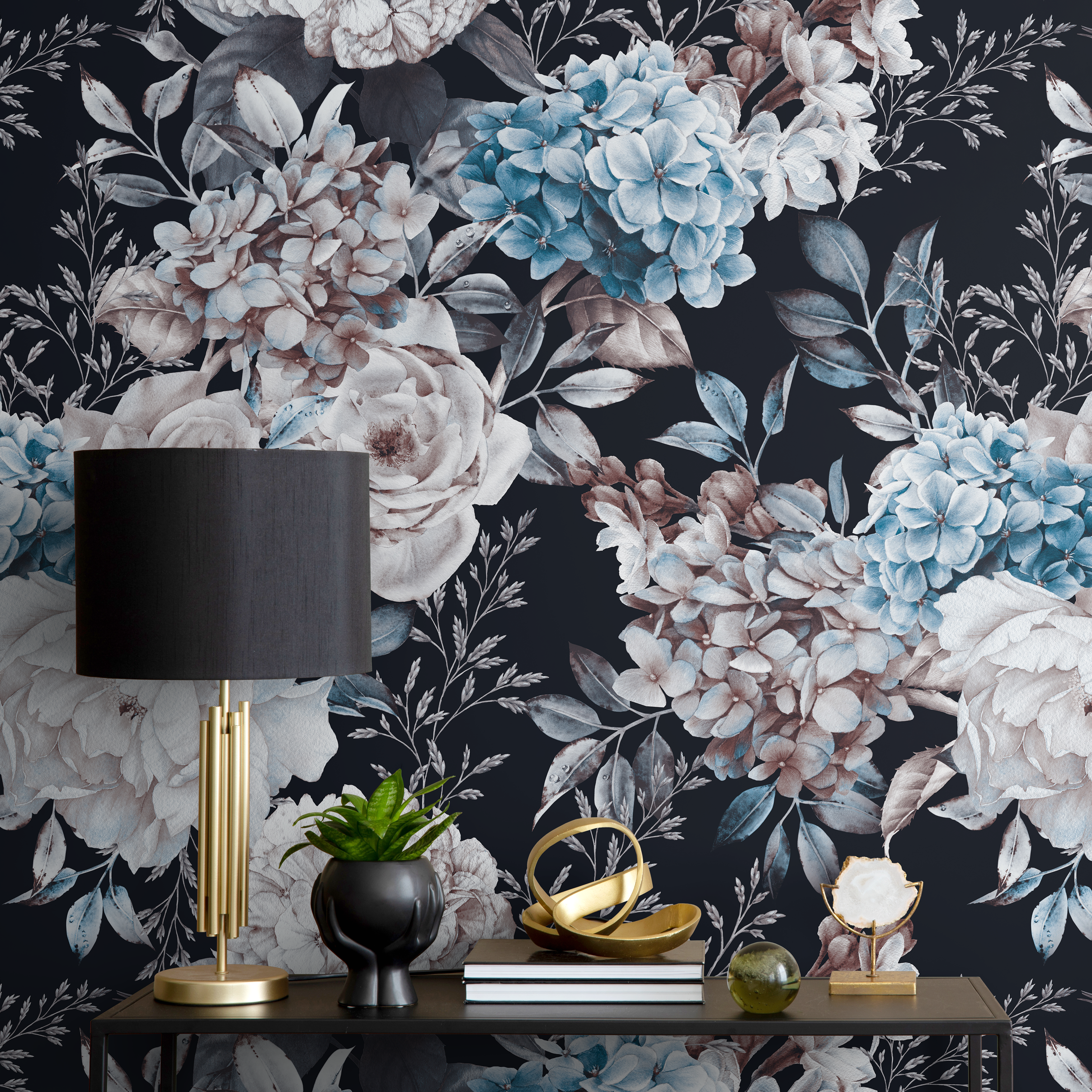 Floral Wallpaper Featuring Peonies And Hydrangeas In Blue And White - B227