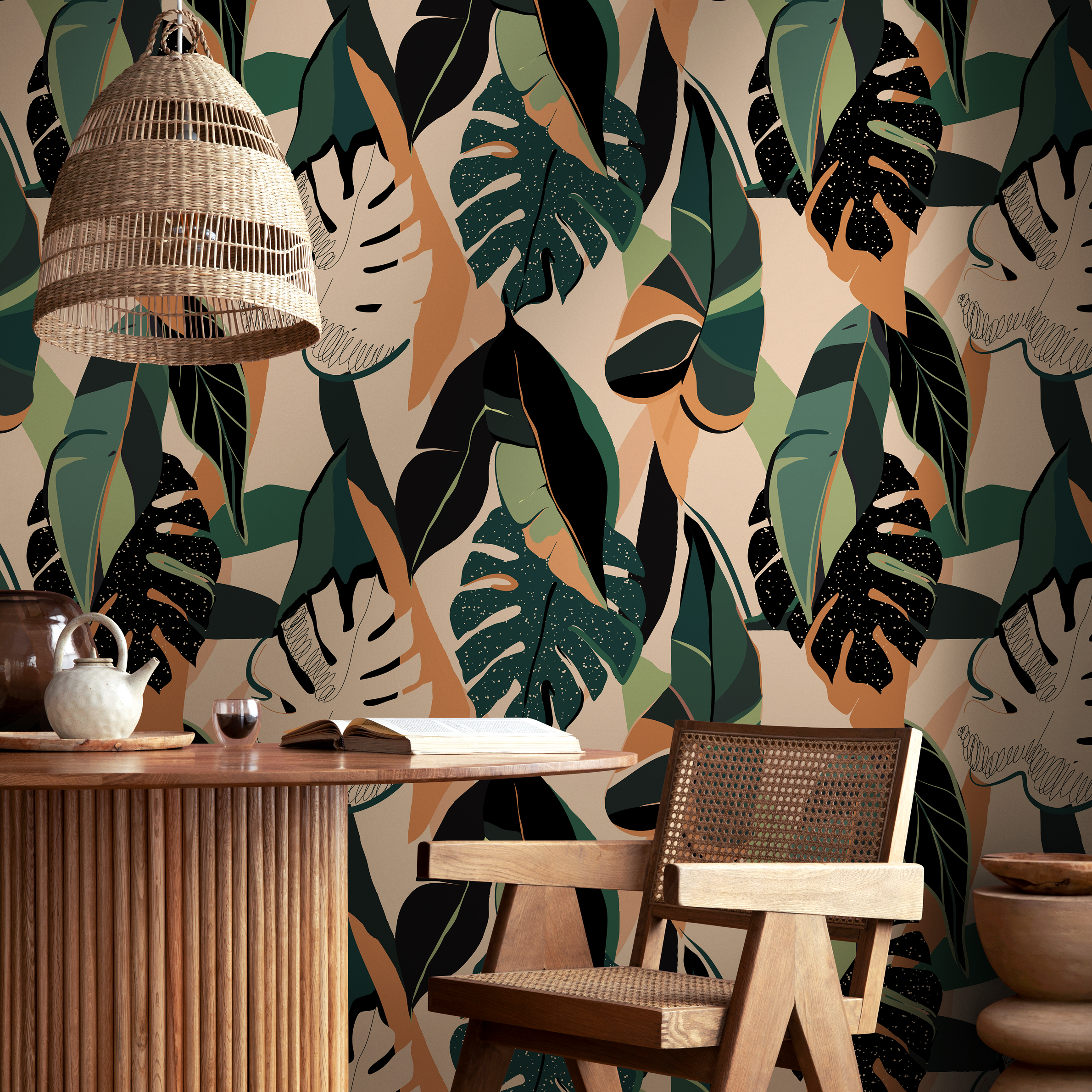 Tropical Wallpaper Featuring Abstract Jungle Leaves In Green, Terracotta, And Black - B229