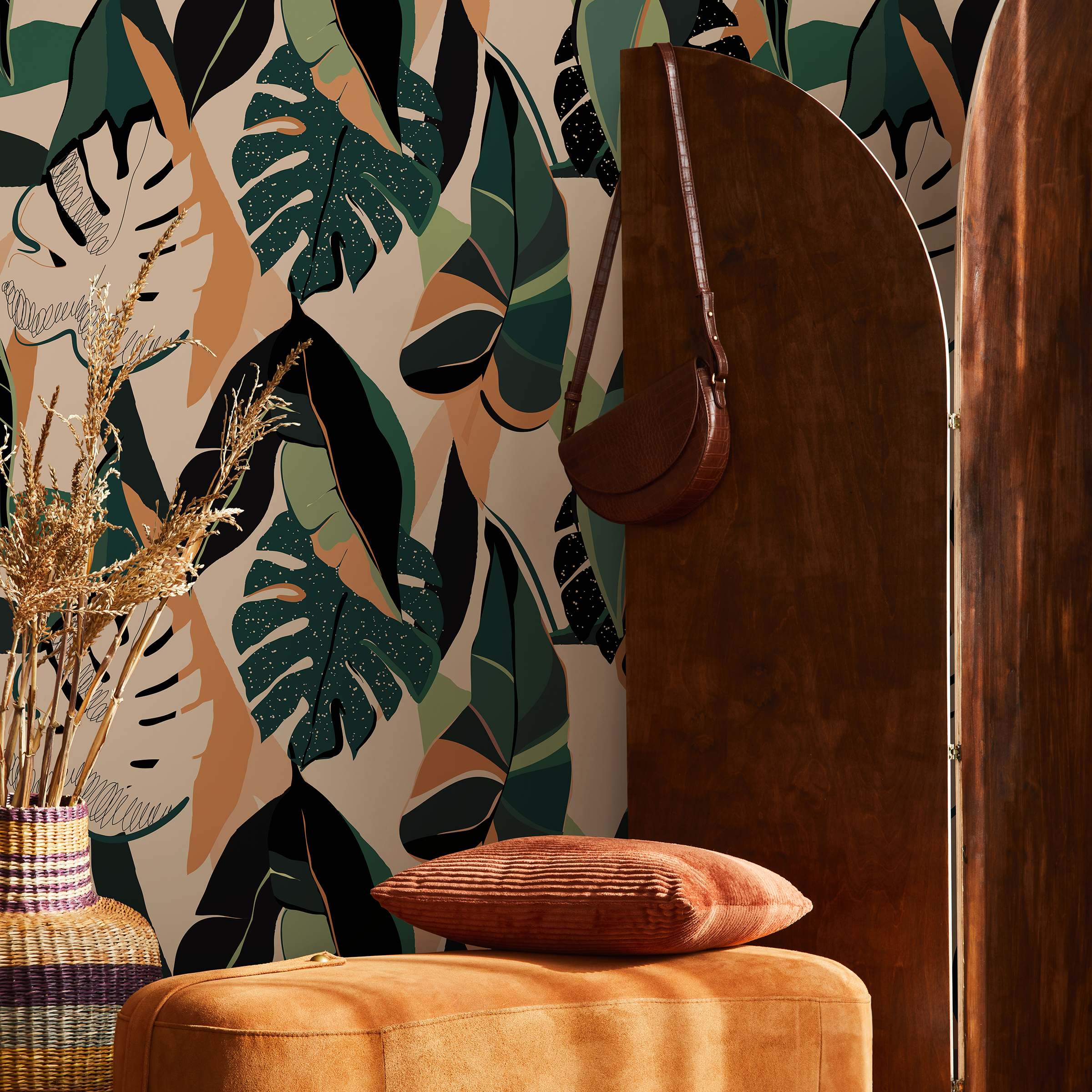 Tropical Wallpaper Featuring Abstract Jungle Leaves In Green, Terracotta, And Black - B229