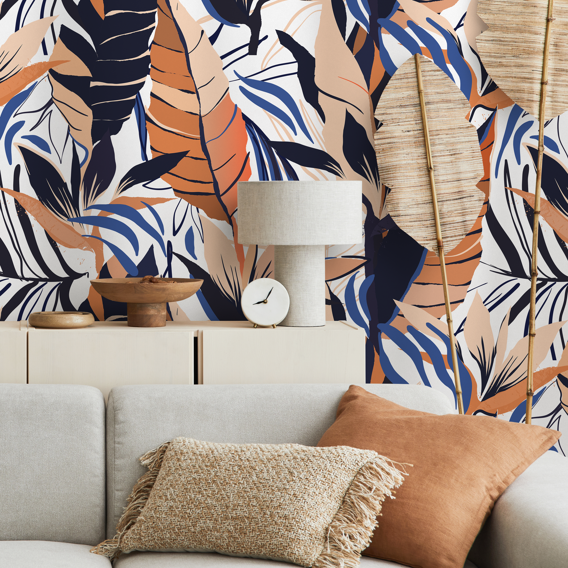 Botanical Wallpaper With Abstract Tropical Leaves In Orange, Blue, And Beige - B230